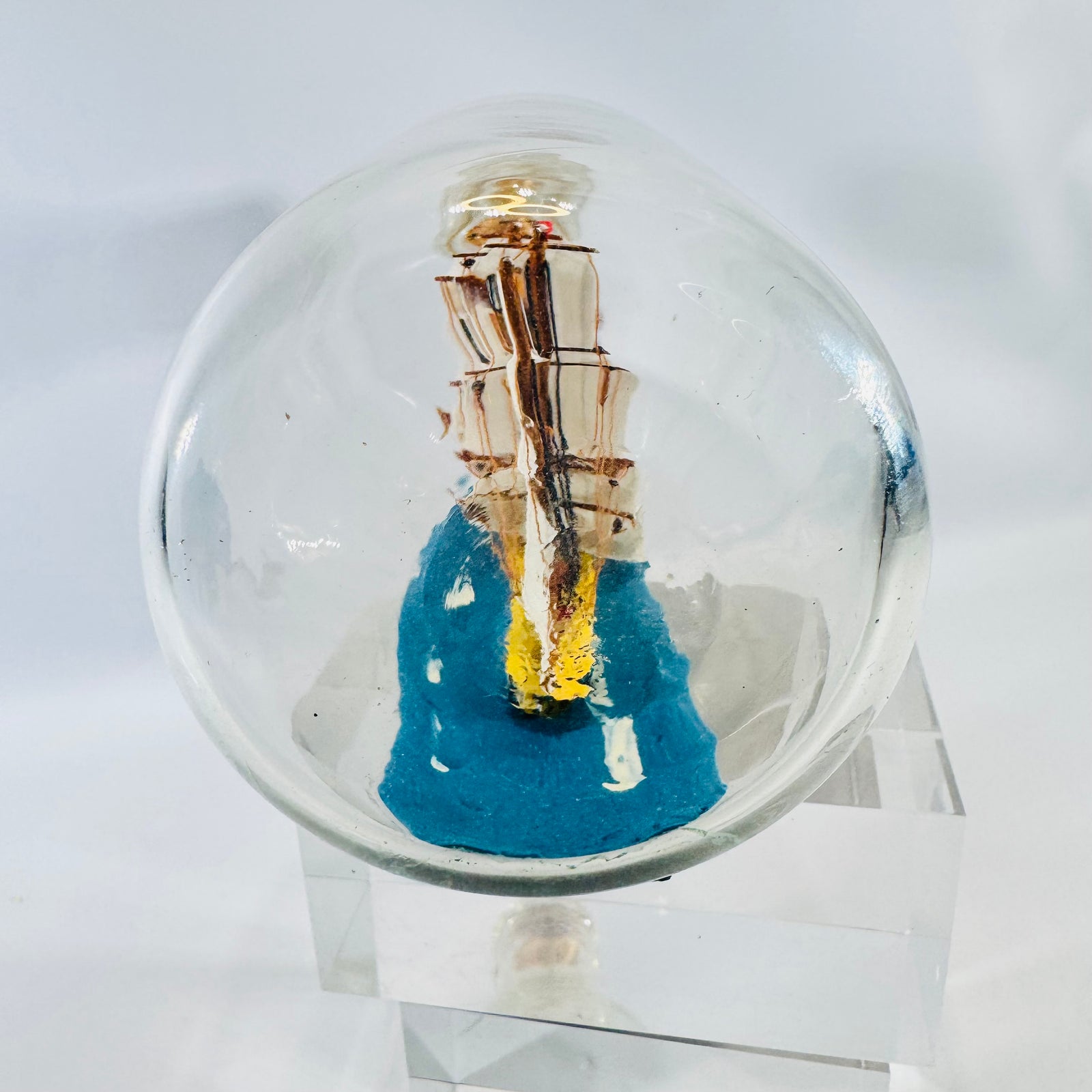 Three Mast Ship in Bottle Nautical Sailing Vessel on Wood Base