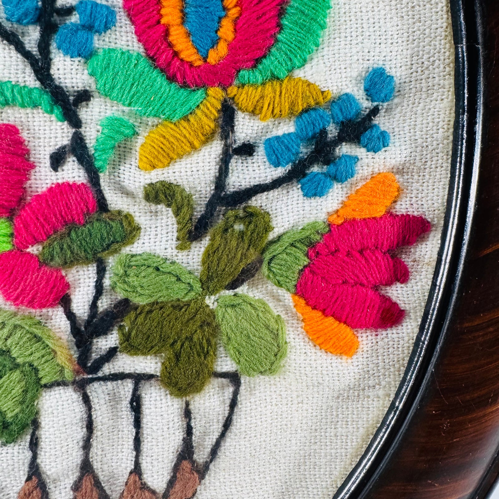 Vintage 1970s Crewel Embroidery Floral Wall Art Oval Frame Pennsylvania Dutch Style Spring Bouquet Needlework