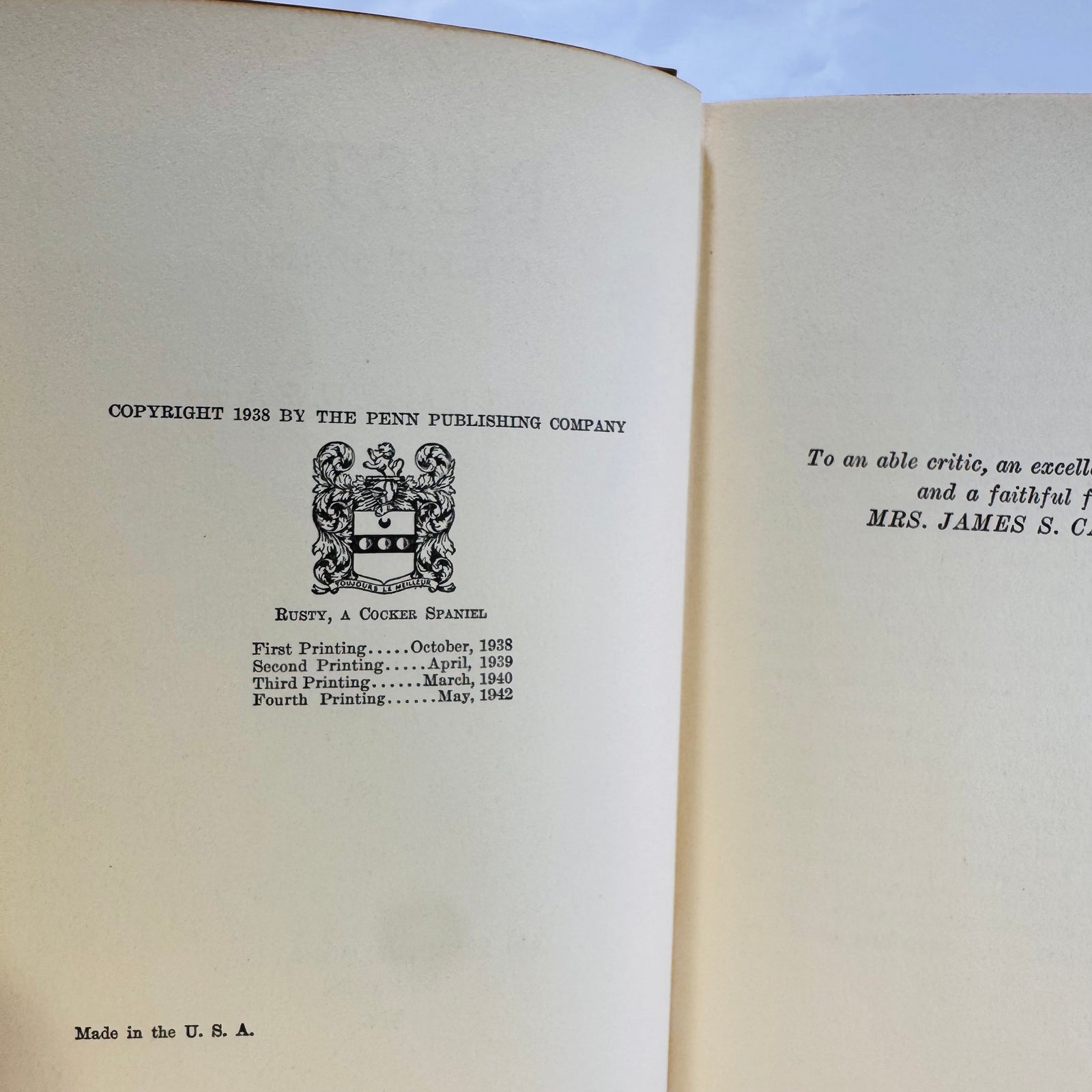 Copyright page listing the Fourth Printing May 1942, Rusty, A Cocker Spaniel