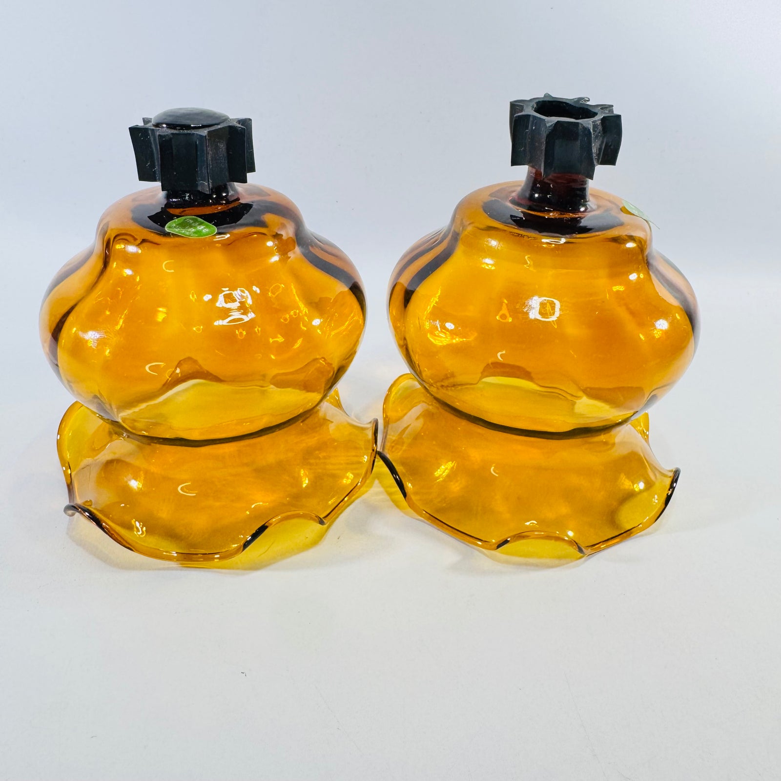 Amber Glass Peg Votive Holders Pair Ruffled Rim Made in Mexico
