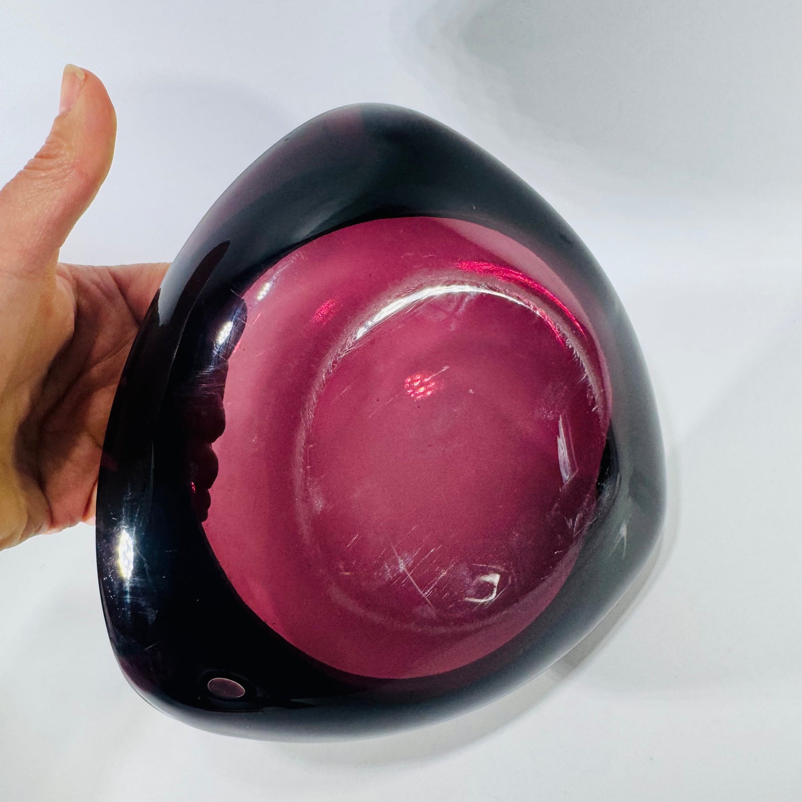 MCM Amethyst Glass Ashtray 8 Inch Heavy Art Glass Bowl Viking Style Purple Black 3 Rest Mid Century Modern