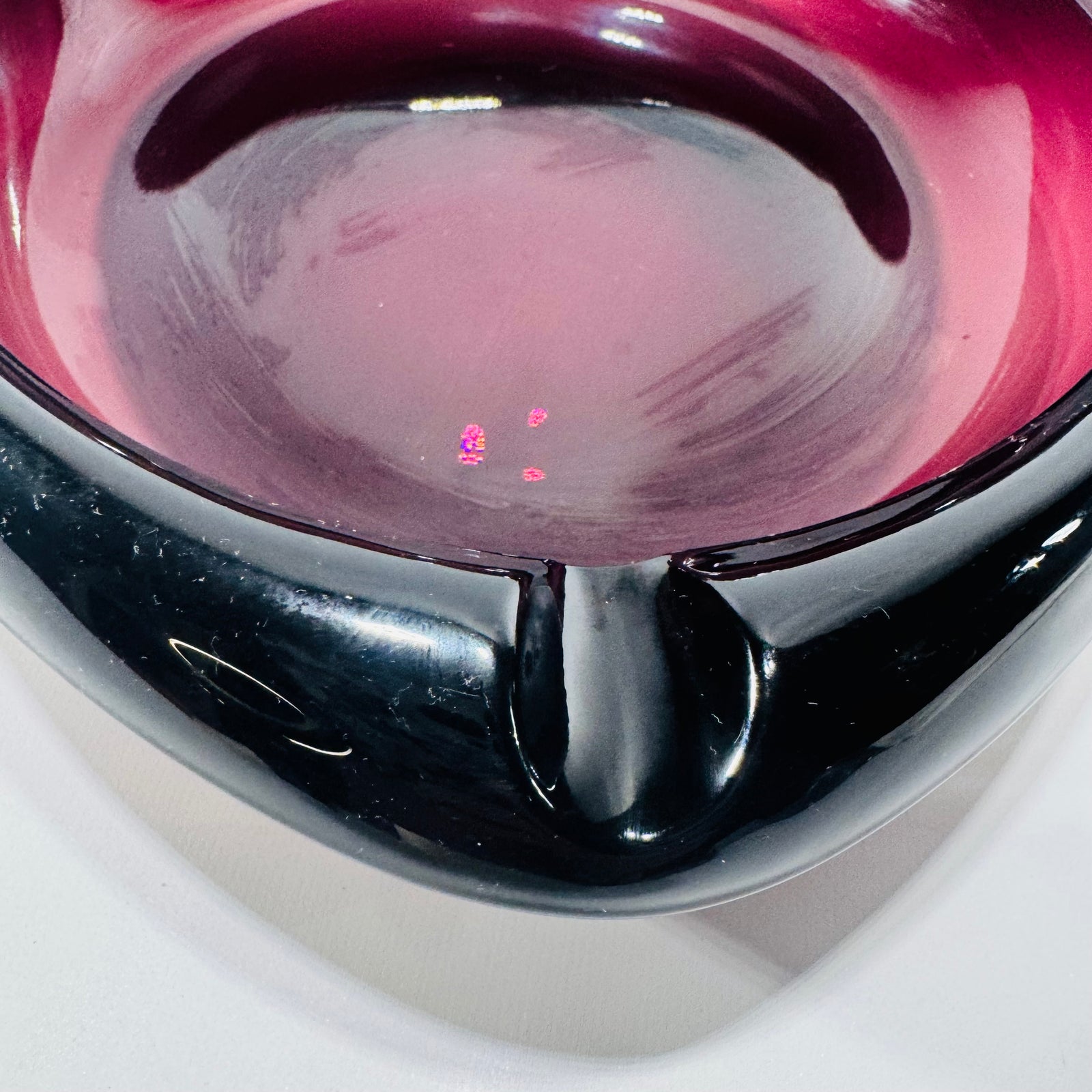 MCM Amethyst Glass Ashtray 8 Inch Heavy Art Glass Bowl Viking Style Purple Black 3 Rest Mid Century Modern