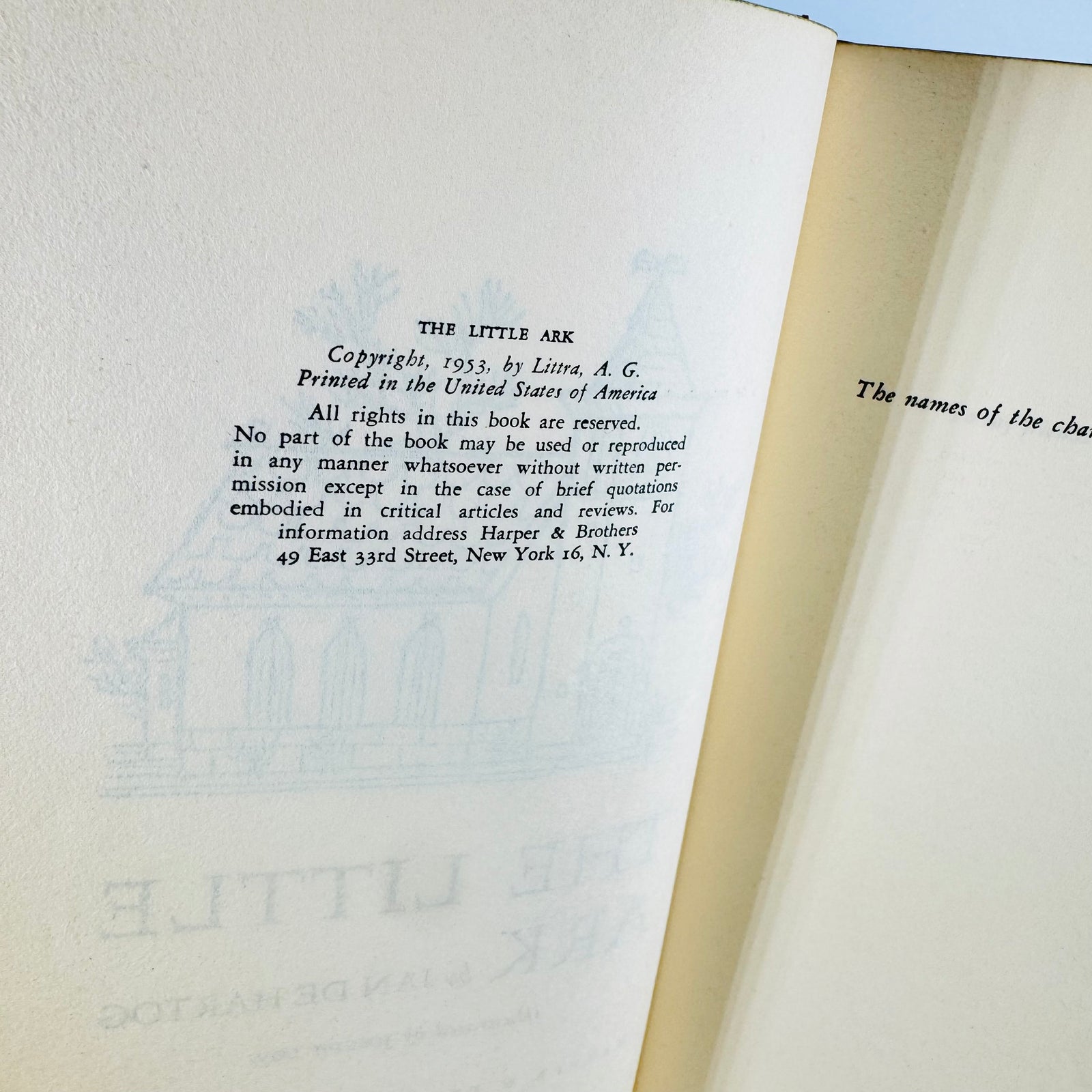 The Little Ark by Jan de Hartog 1953 Book Club Edition Hardcover with Dust Jacket