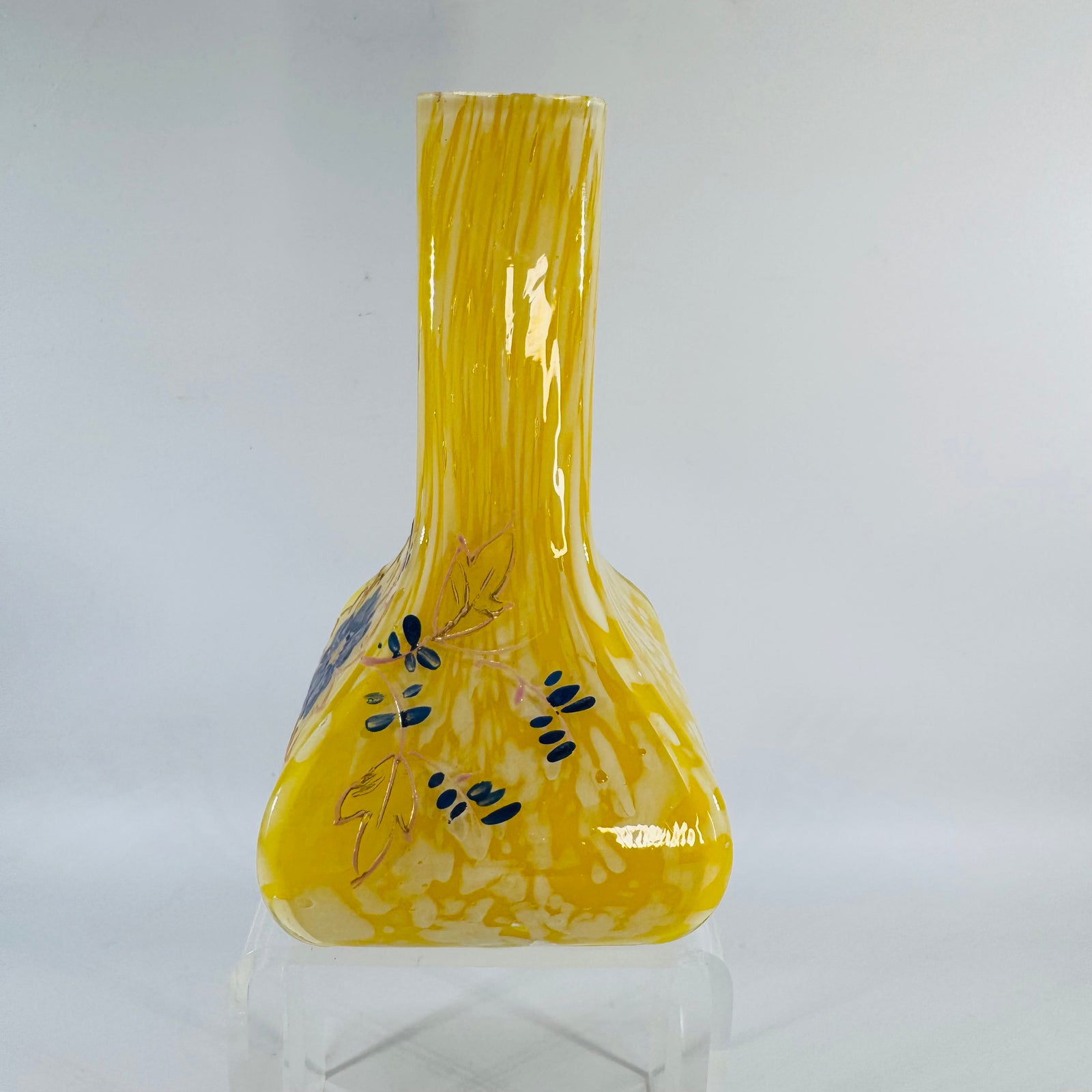 Antique Bohemian Glass Vase, Yellow Spatter Glass, Hand Painted Enamel Floral Vase, Franz Welz Attributed