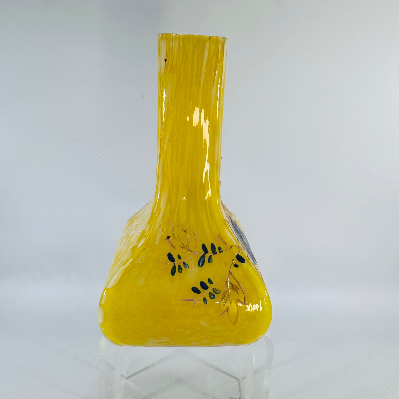 Antique Bohemian Glass Vase, Yellow Spatter Glass, Hand Painted Enamel Floral Vase, Franz Welz Attributed