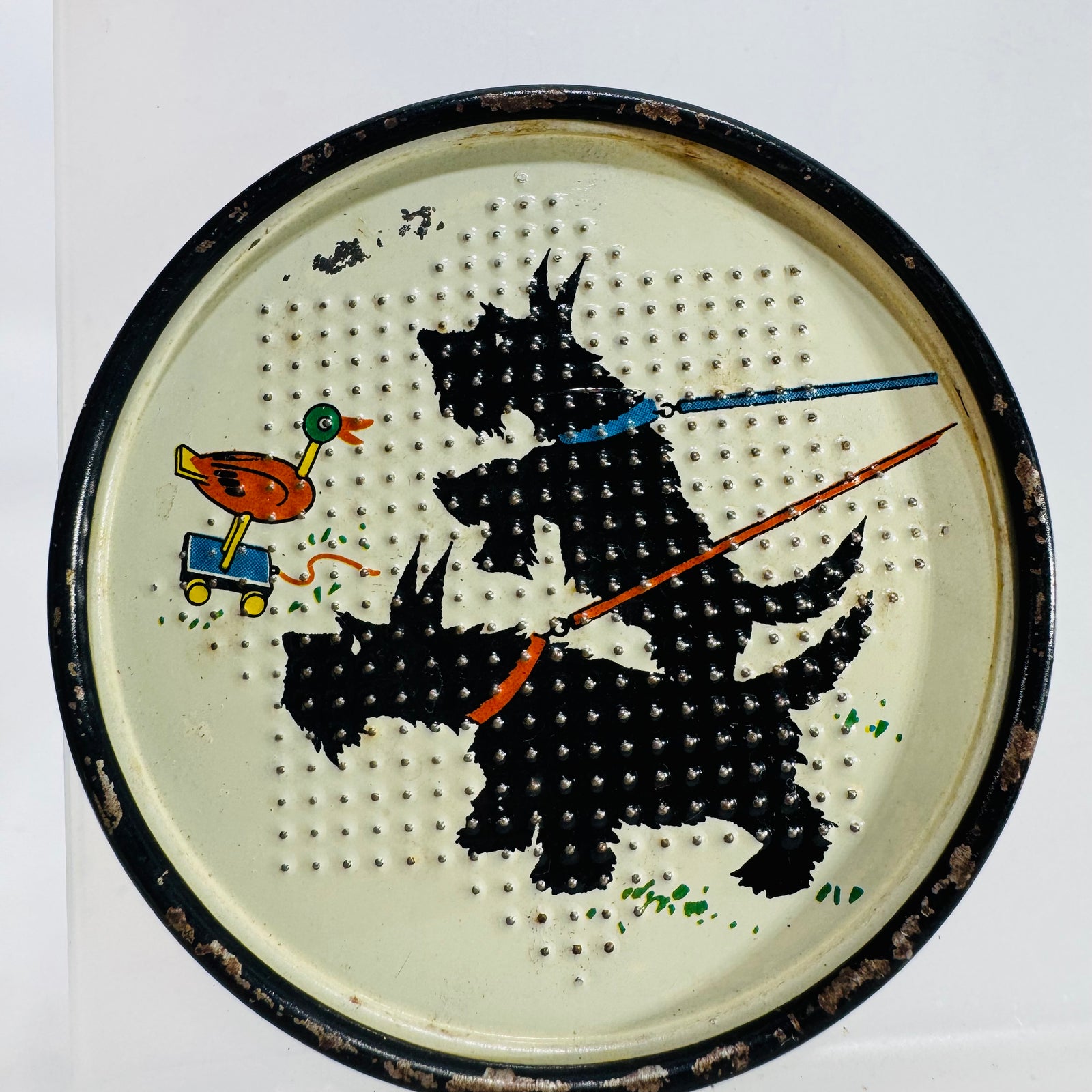 Vintage Scottie Dog Metal Coasters, Set of 2, Mid Century Tin Litho Terrier Drink Coasters