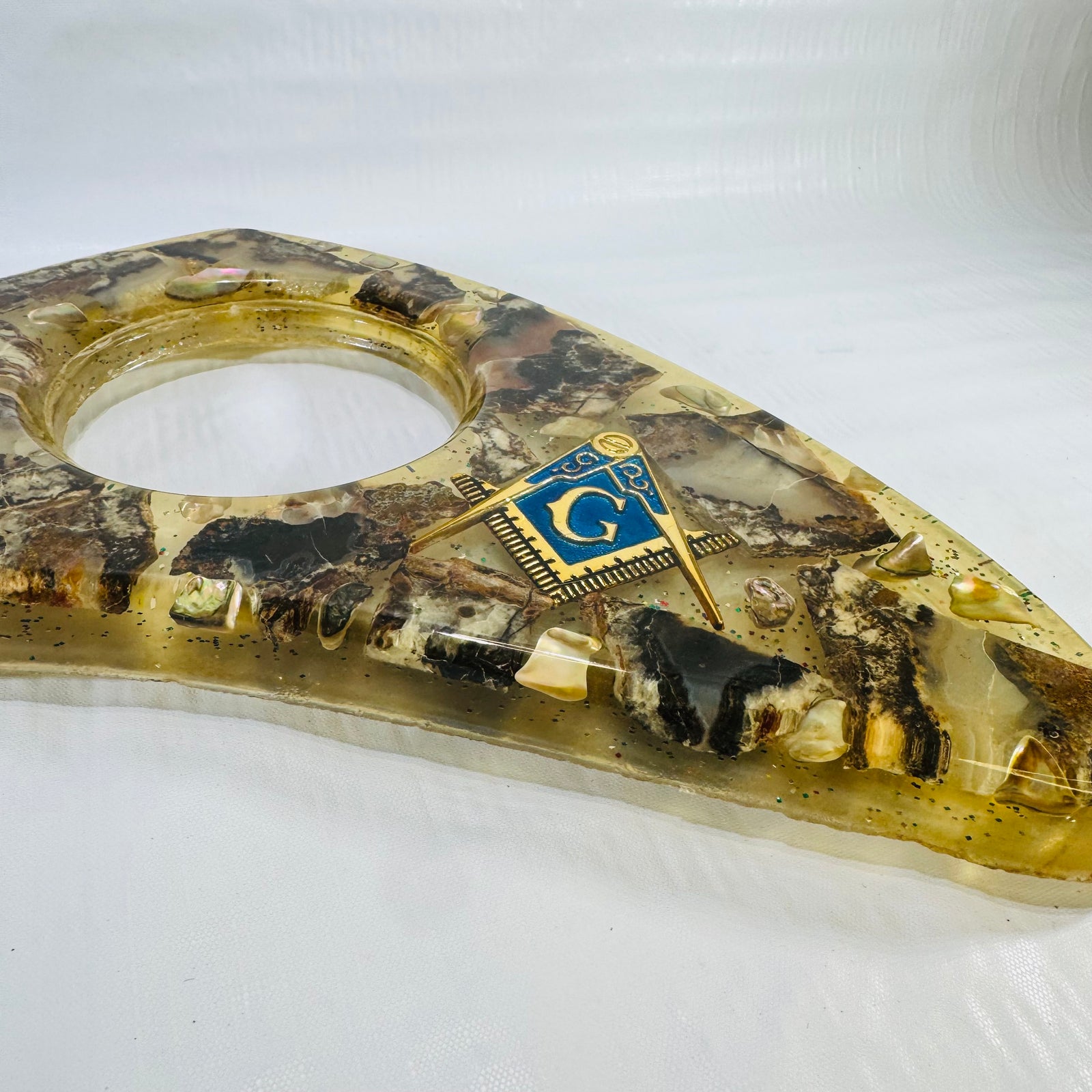 Masonic Boomerang Ashtray 1960s to 1970s Resin Abalone Shell Inlay