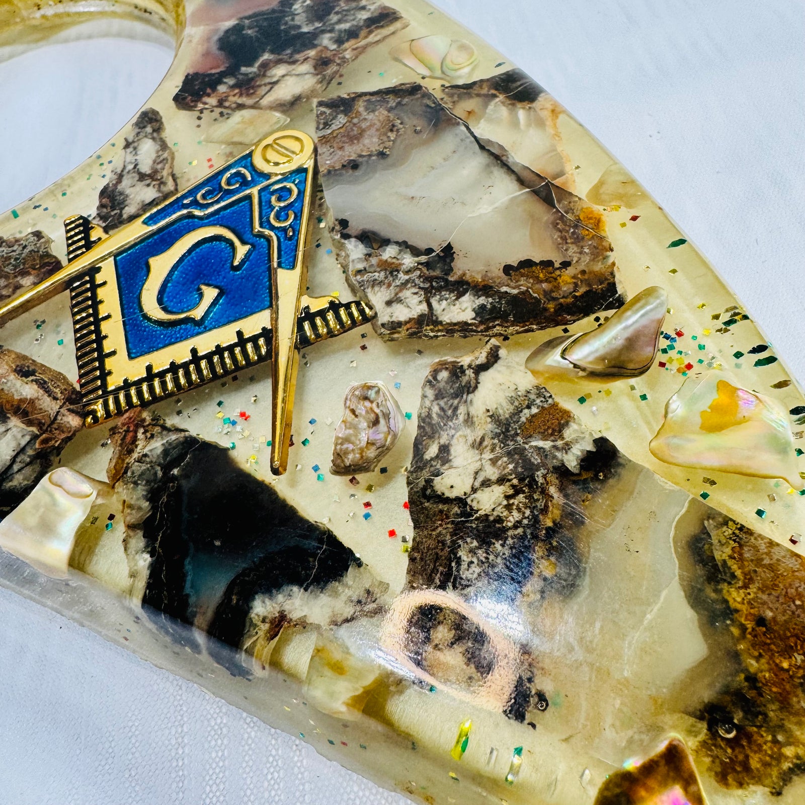 Masonic Boomerang Ashtray 1960s to 1970s Resin Abalone Shell Inlay