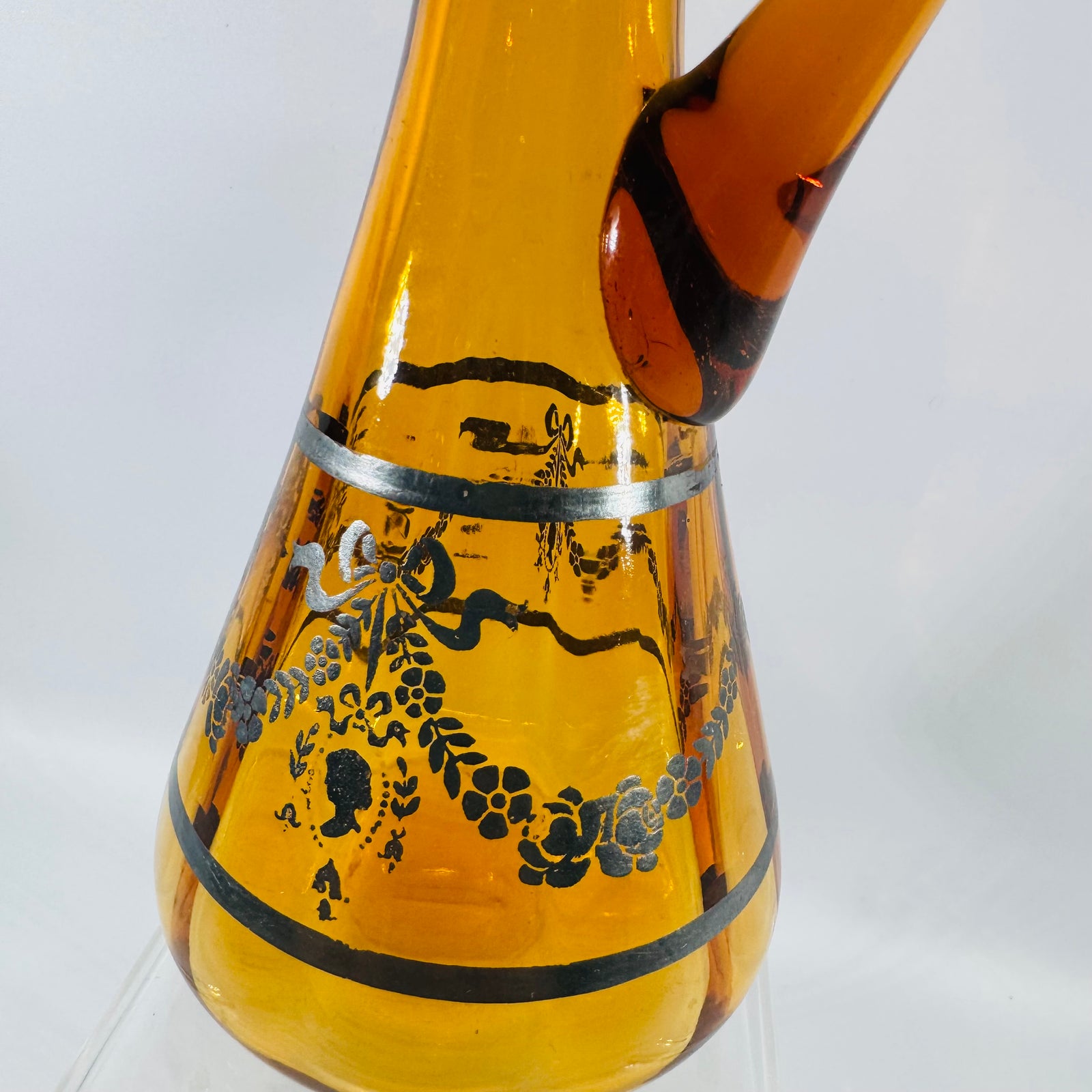 Vintage Amber Glass Decanter with Stopper Silver Overlay Mid Century Barware