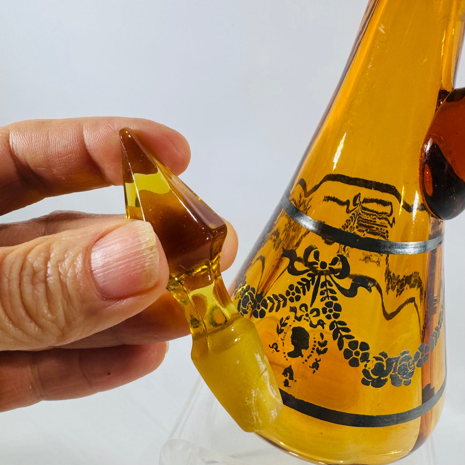 Vintage Amber Glass Decanter with Stopper Silver Overlay Mid Century Barware