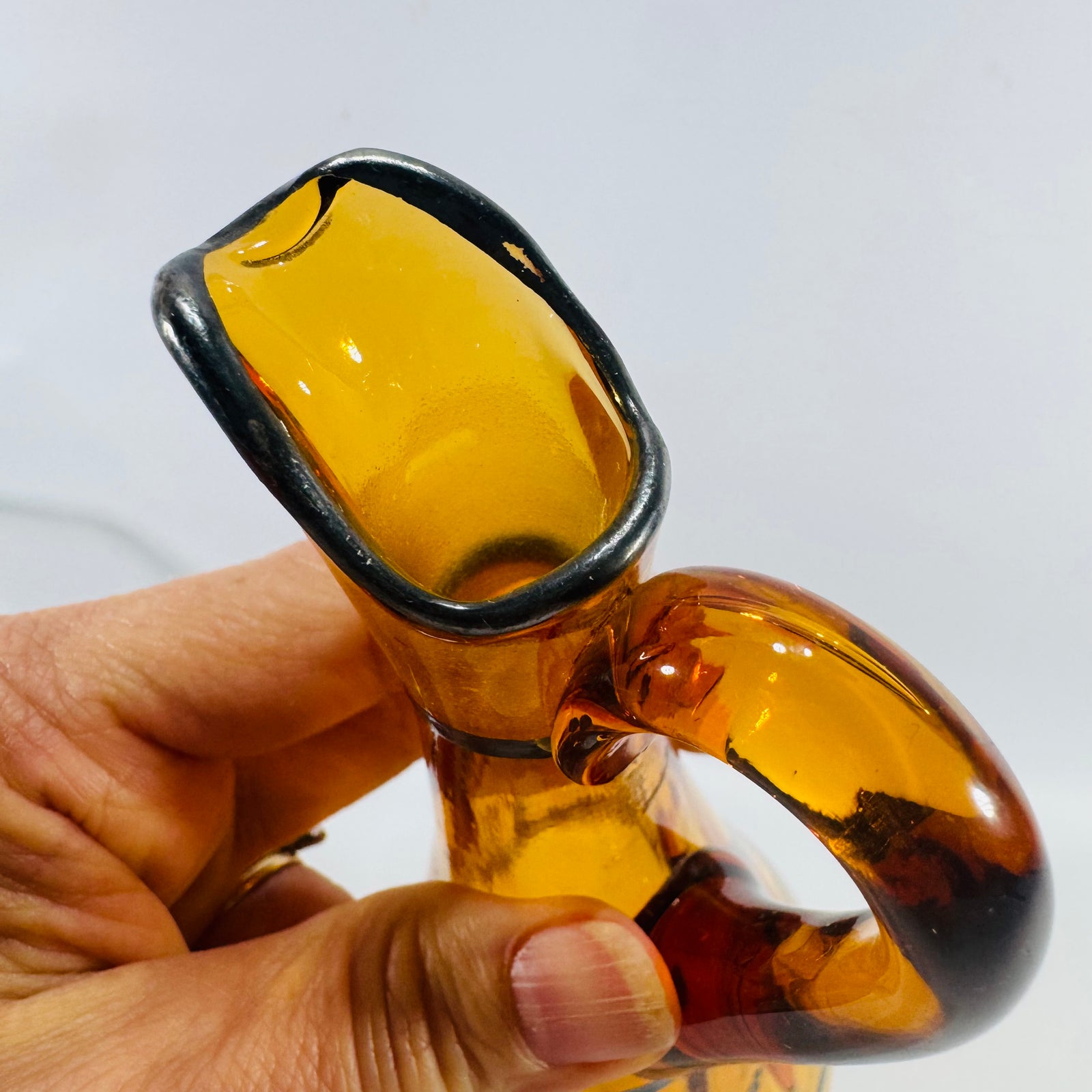 Vintage Amber Glass Decanter with Stopper Silver Overlay Mid Century Barware