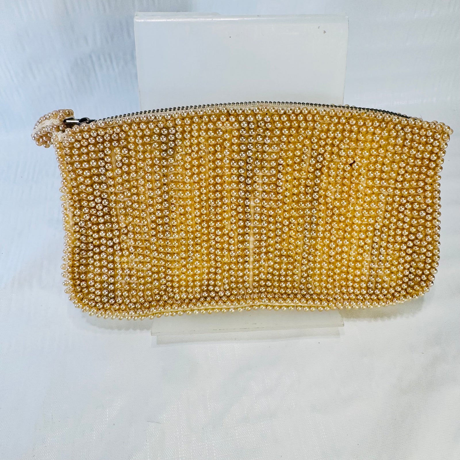 1950s Pearl Beaded Clutch Champagne Floral Evening Bag Bridal Purse