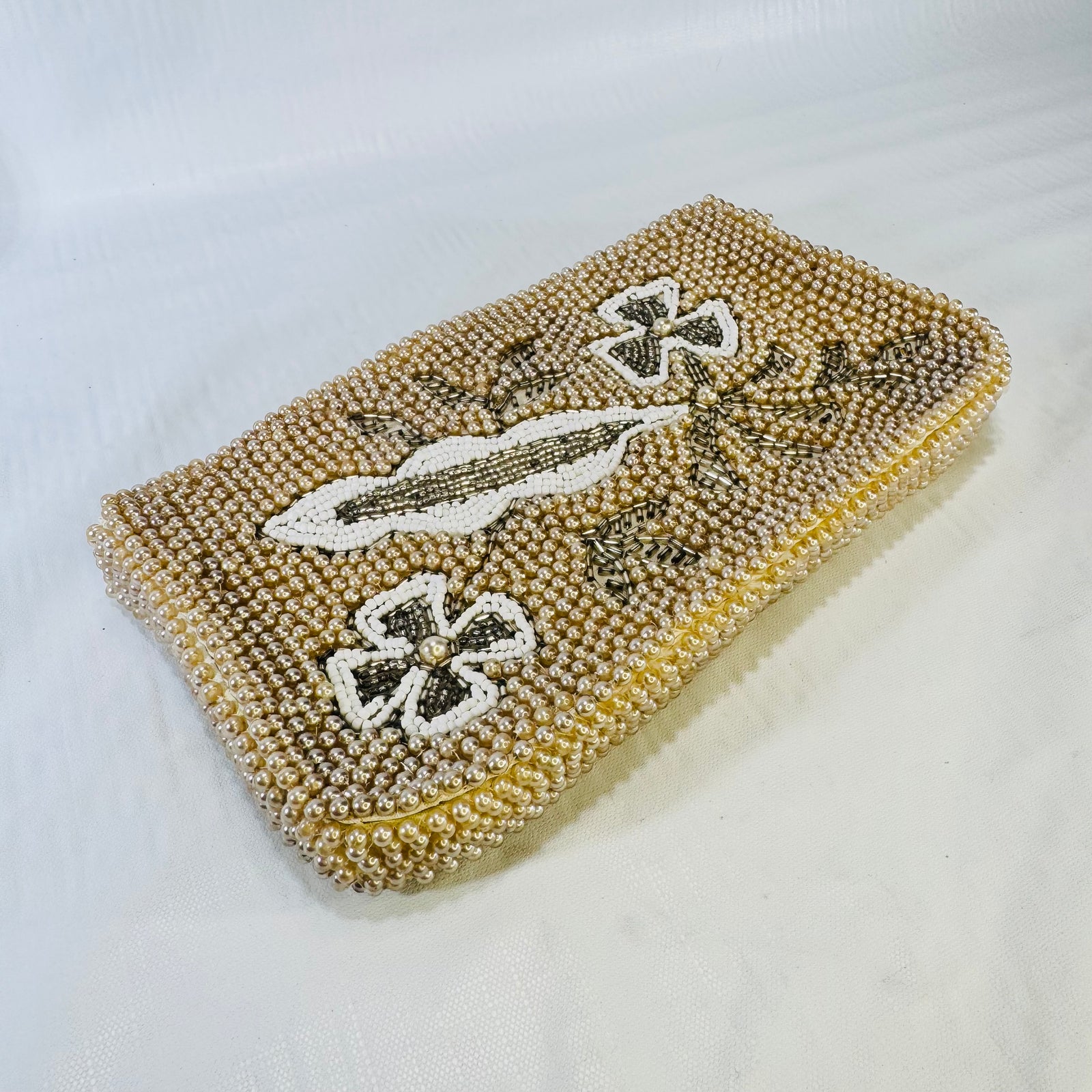 1950s Pearl Beaded Clutch Champagne Floral Evening Bag Bridal Purse