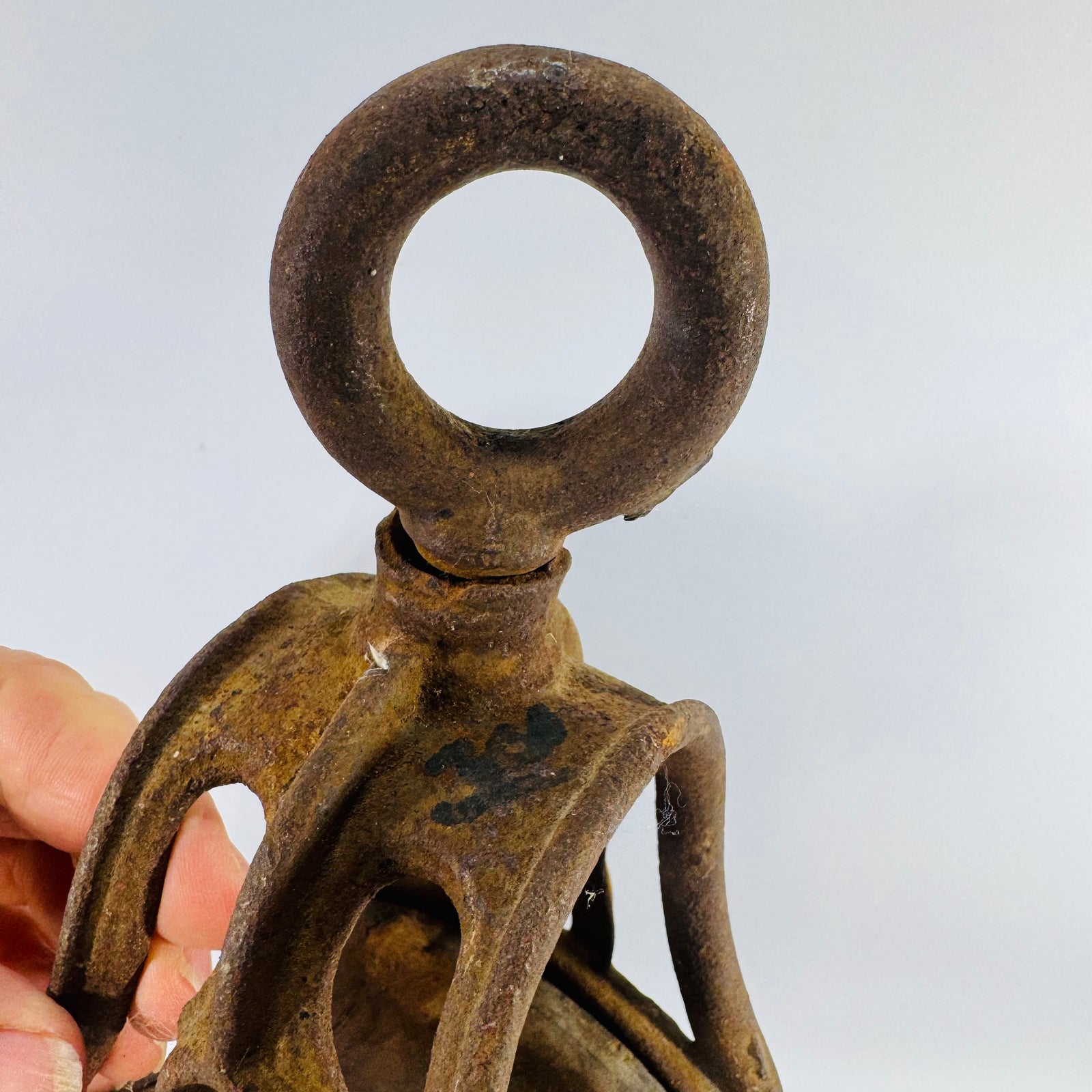 Antique Cast Iron Barn Pulley with Wood Sheave Rustic Industrial Decor