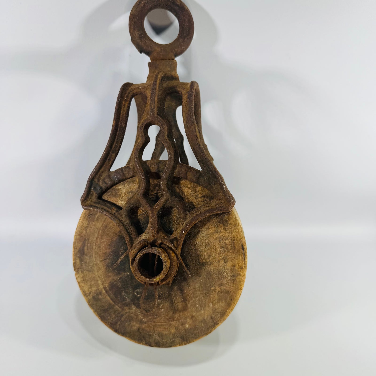 Antique Cast Iron Barn Pulley with Wood Sheave Rustic Industrial Decor