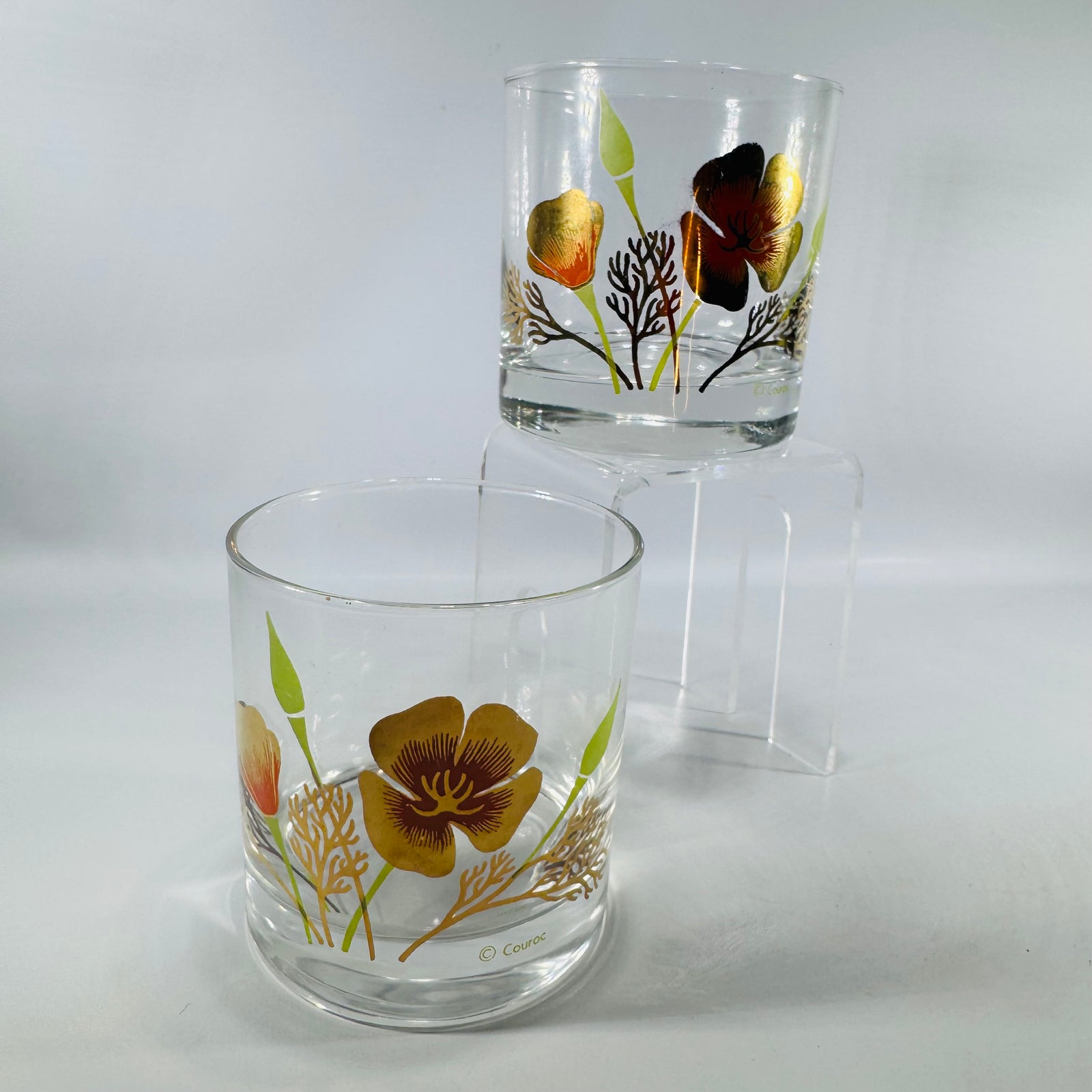 Couroc California Poppy Rocks Glasses Set of 2 Vintage Lowball Glasses MCM Barware