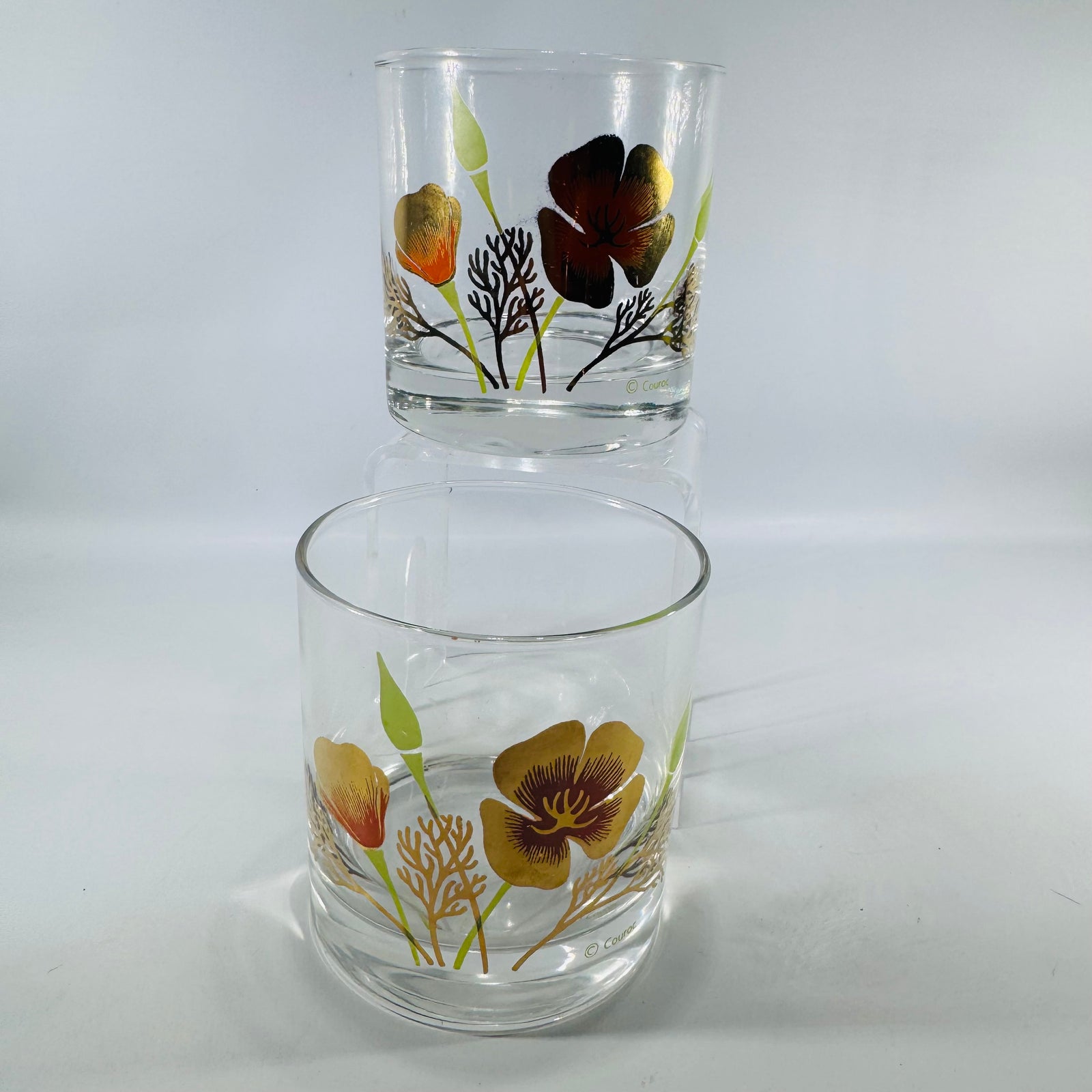 Couroc California Poppy Rocks Glasses Set of 2 Vintage Lowball Glasses MCM Barware
