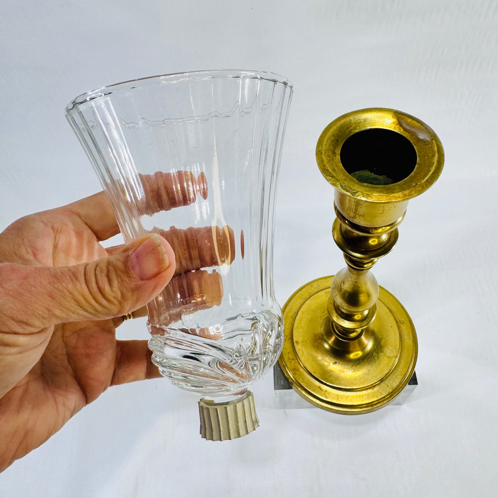 Home Interiors Renaissance Peg Votive Brass Candlestick with Clear Glass Hurricane Shade 1970s to 1980s