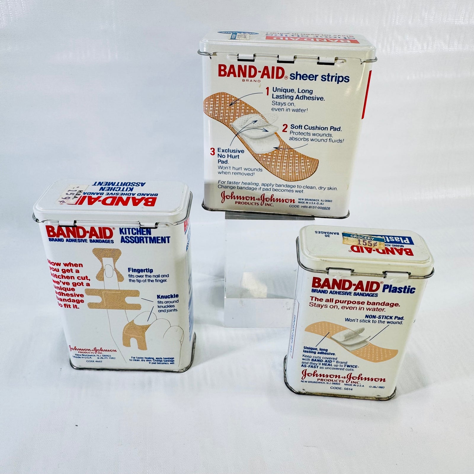 Johnson & Johnson Band-Aid Metal Tin Lot of 3 1980s Kitchen Sheer Strips Plastic