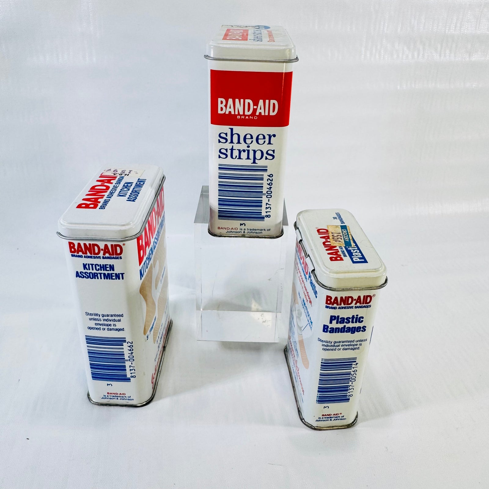 Johnson & Johnson Band-Aid Metal Tin Lot of 3 1980s Kitchen Sheer Strips Plastic