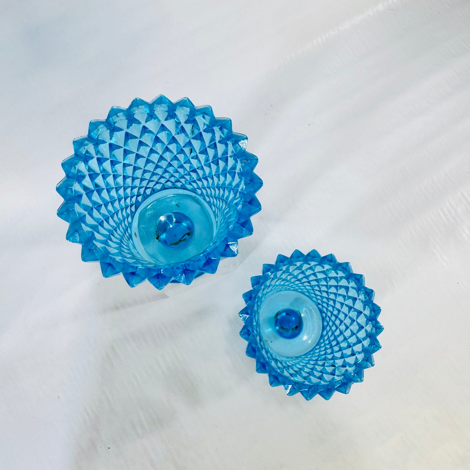 Aqua Blue Diamond Point Style Glass Peg Votive Candle Holders Set of 2 1960s to 1970s