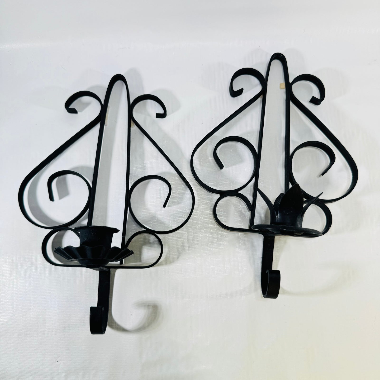 HOMCO Black Wrought Iron Scroll Wall Candle Sconces Pair, 1970s