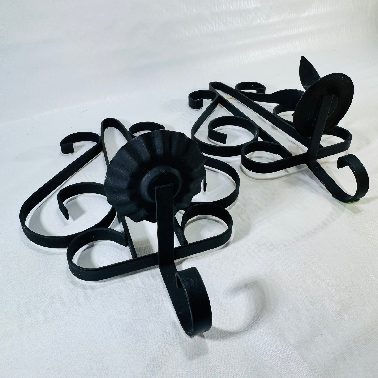 HOMCO Black Wrought Iron Scroll Wall Candle Sconces Pair, 1970s