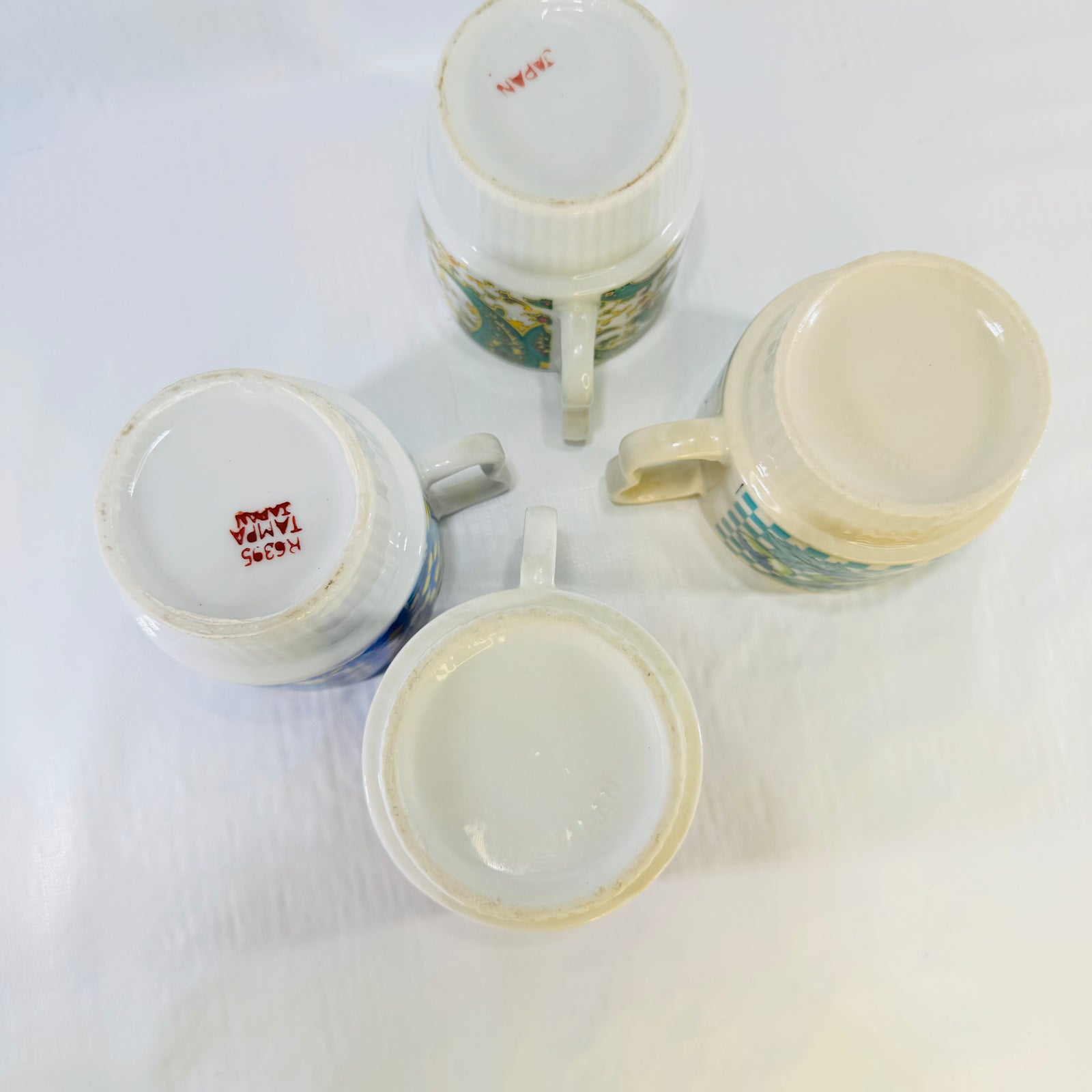 1970s Japan Stacking Coffee Mugs Set of 4 Mismatched Flower Power Cups