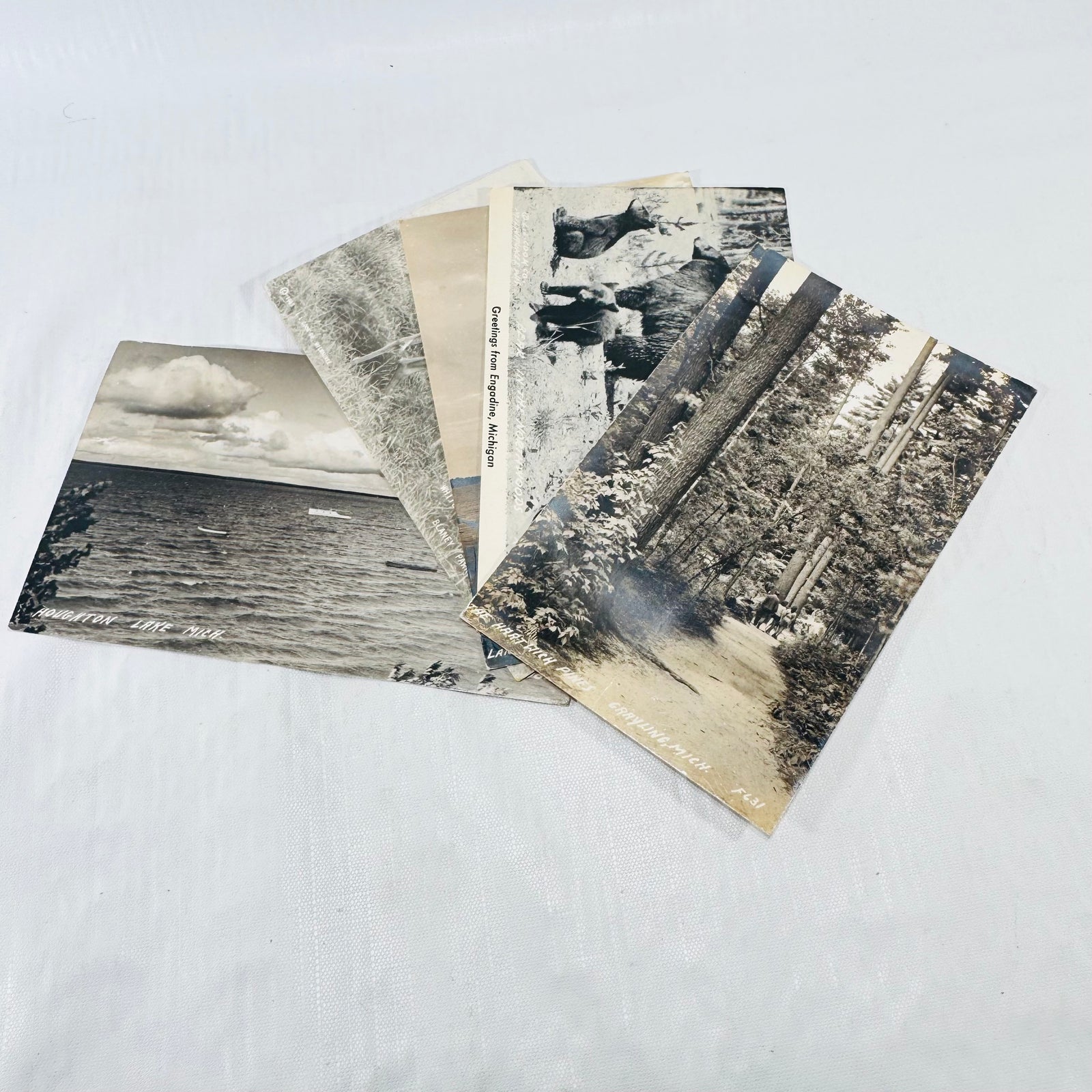Michigan Postcards 1940s Bundle of 5, Grayling, Engadine, Houghton Lake, Blaney Park
