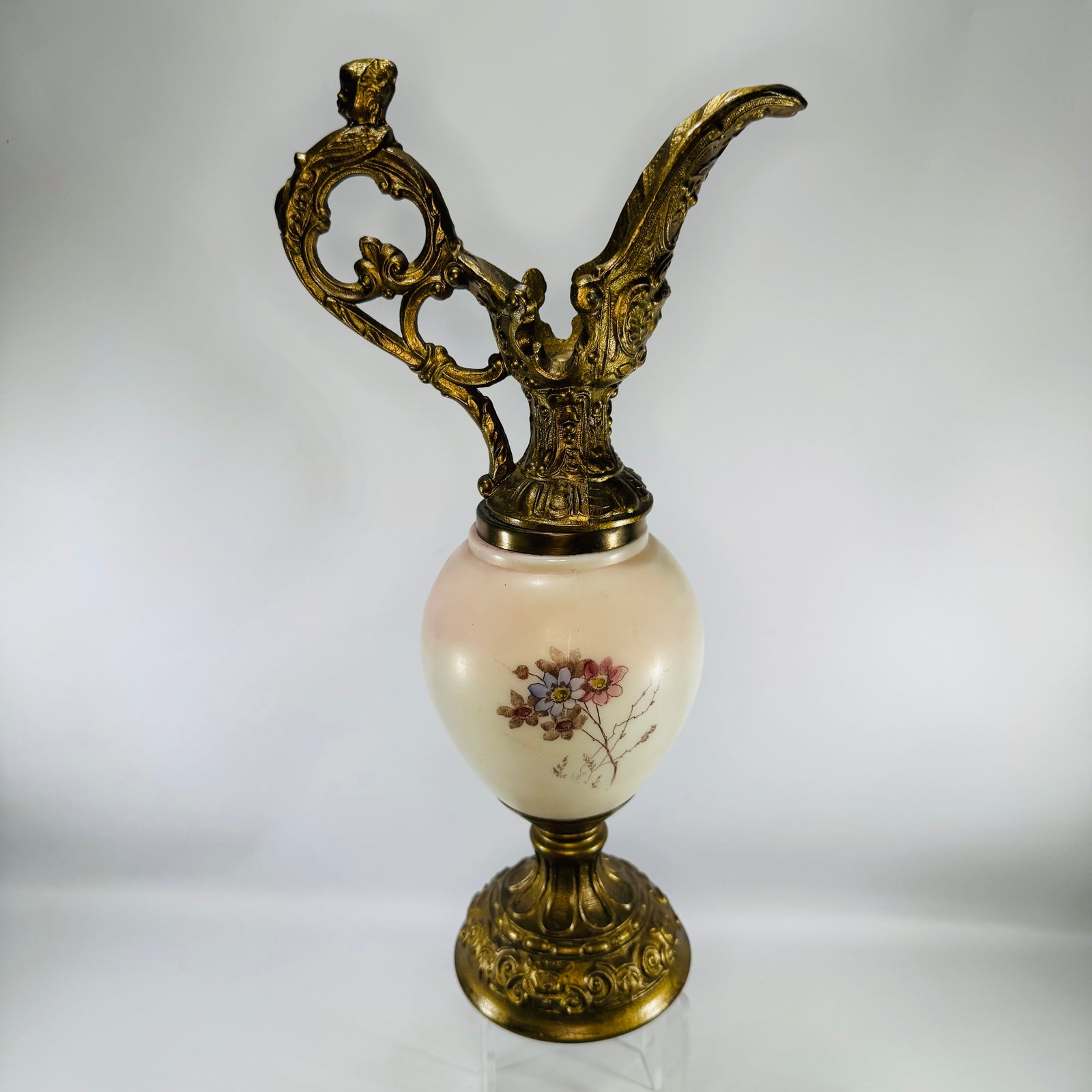 Antique Victorian Wavecrest Style Ewer | Floral Glass Mantel Decor