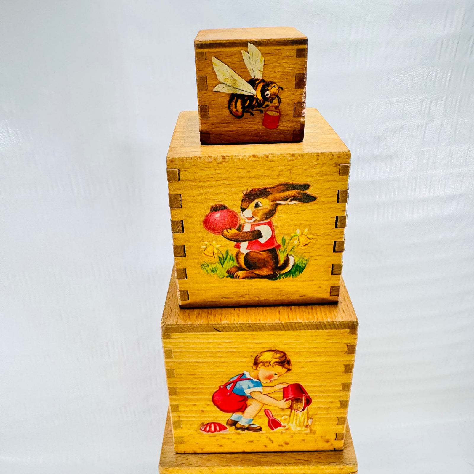 Vintage Wooden Nesting Boxes 5 Piece Illustrated Children's Stacking Toy