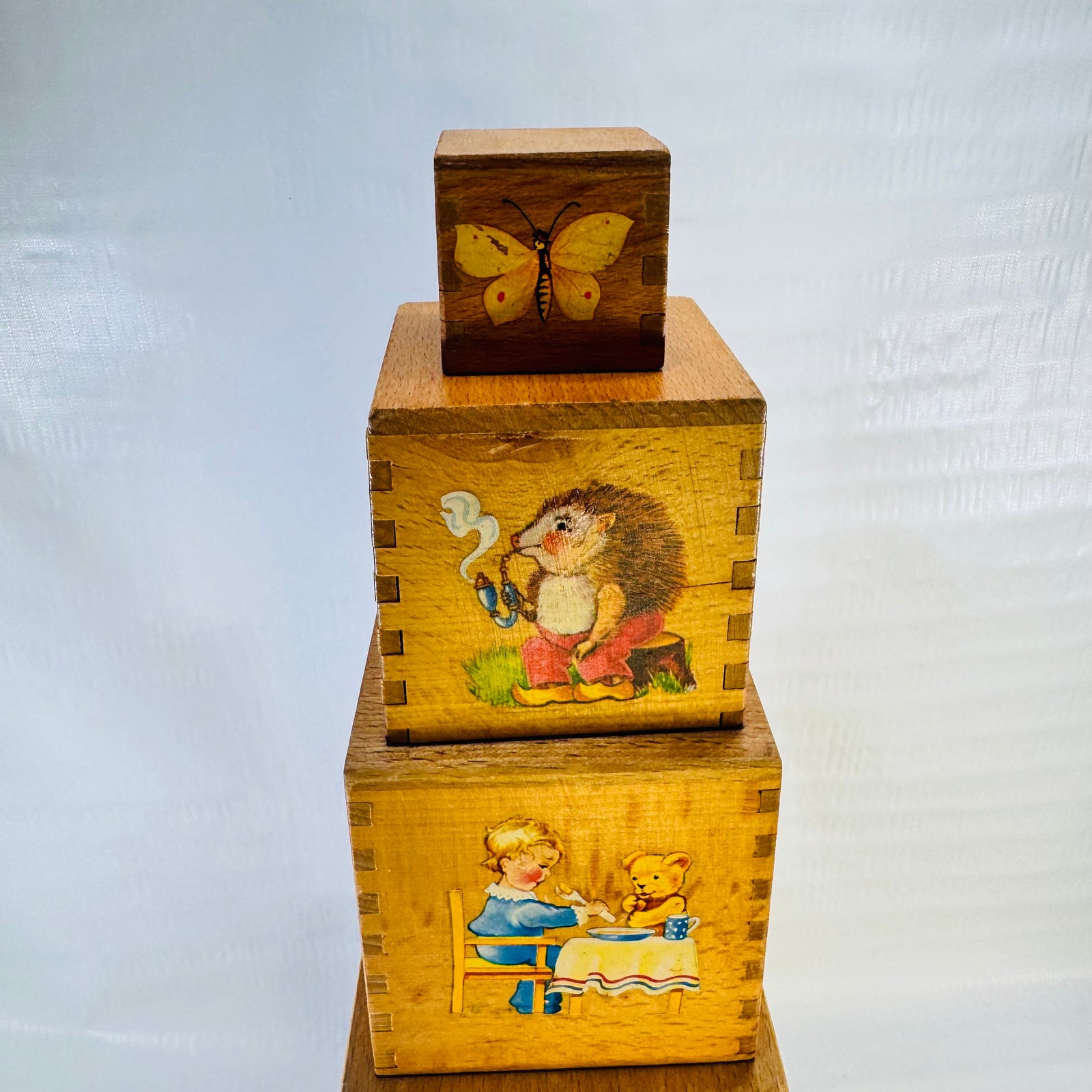 Vintage Wooden Nesting Boxes 5 Piece Illustrated Children's Stacking Toy