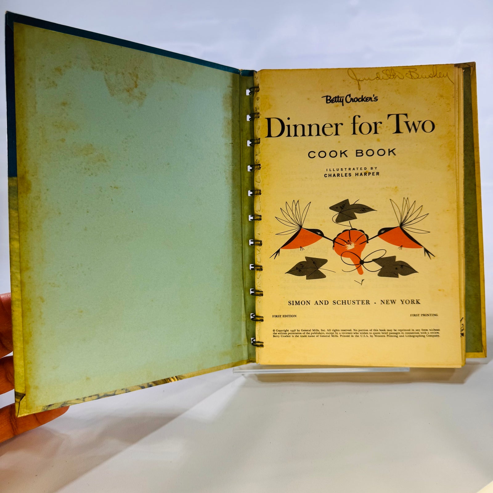 Betty Crocker's Dinner for Two Cook Book by General Mills (1958), Illustrated by Charles Harper, Simon and Schuster, First Edition, Hardcover with Metal Spiral Binding