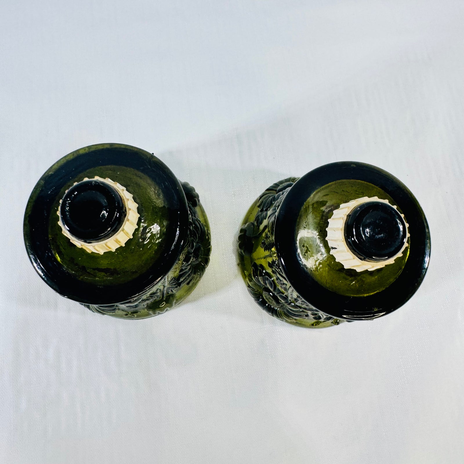 HOMCO Green Daisy Glass Peg Votive Candle Holders 1970s Pair
