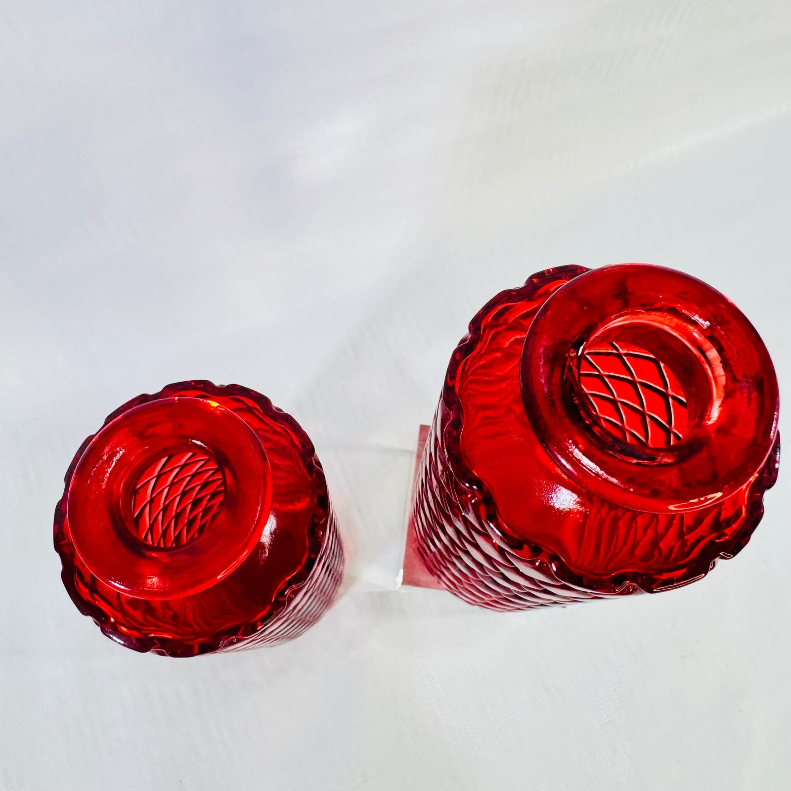 Ruby Red Diamond Quilted Glass Bud Vases Vintage 6 Inch Pair