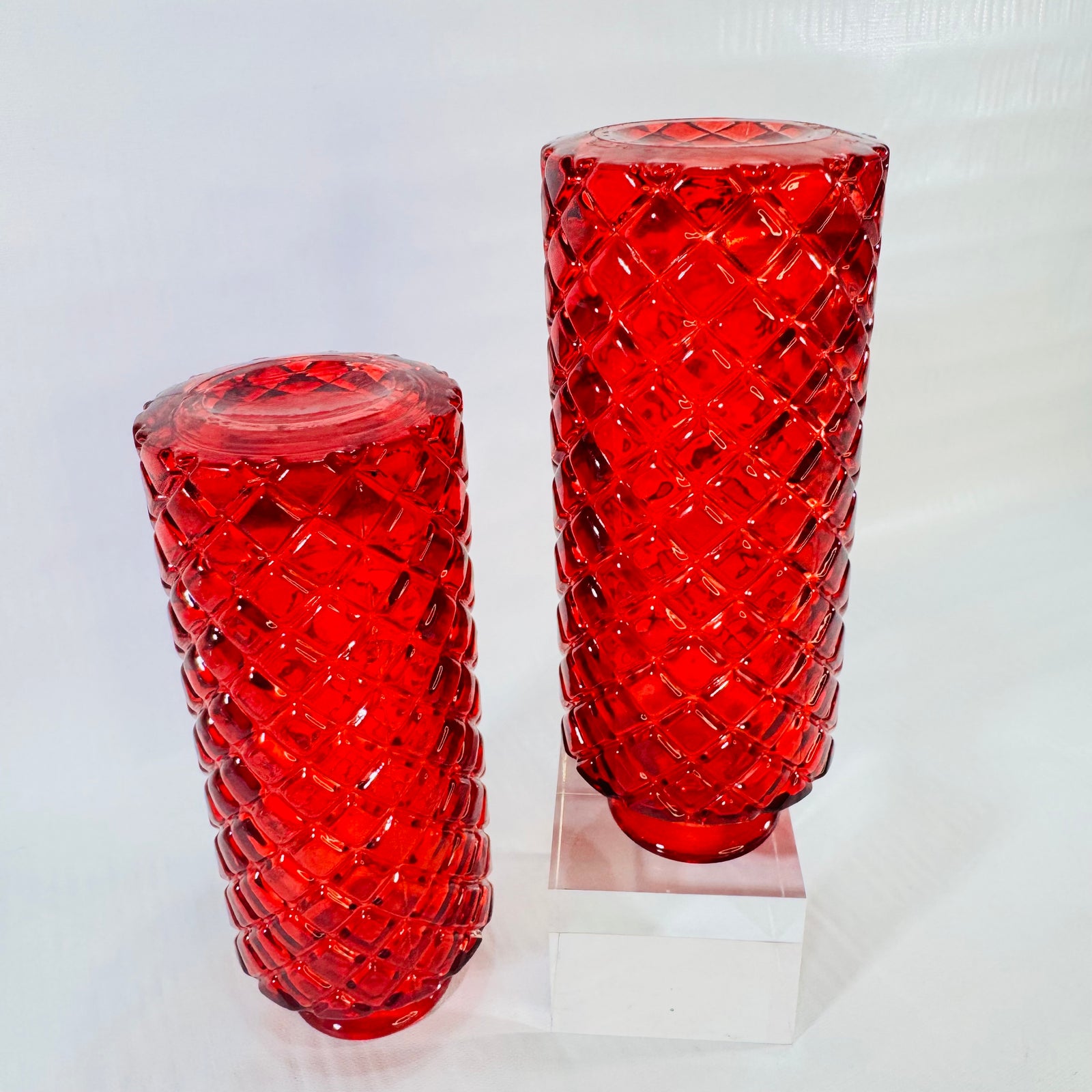 Ruby Red Diamond Quilted Glass Bud Vases Vintage 6 Inch Pair