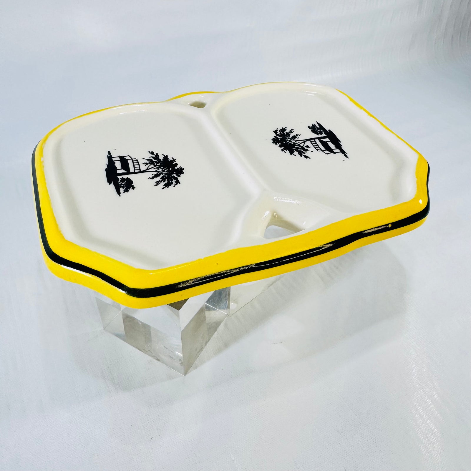 Maple Ware Japan Divided Condiment Dish Yellow Black Scenic Ceramic