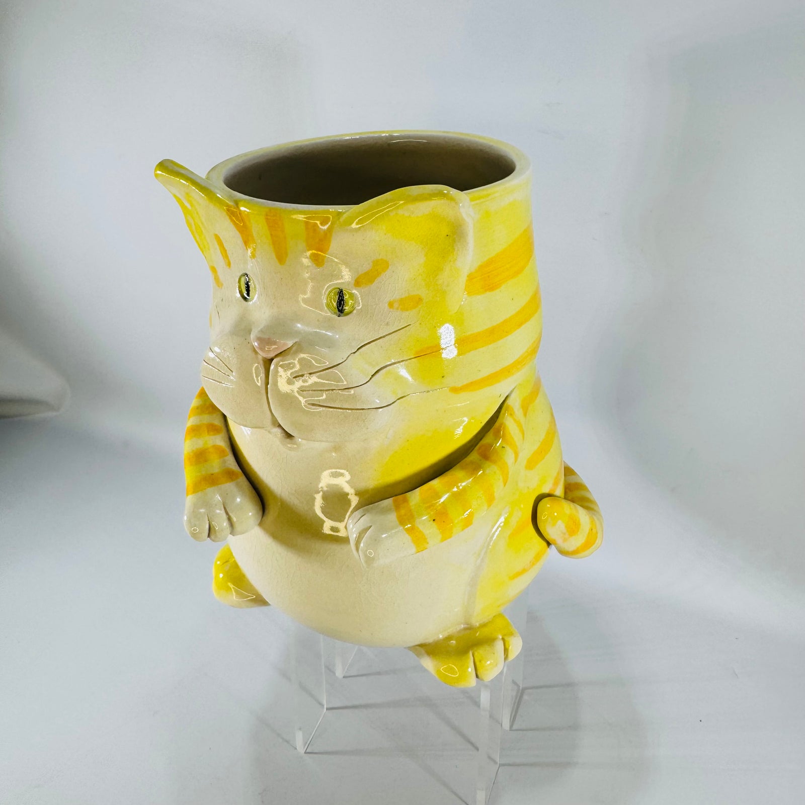 Vintage Hibisus Pottery Yellow Ceramic Cat Planter | Striped Cat Desk Organizer or Kitchen Utensil Crock
