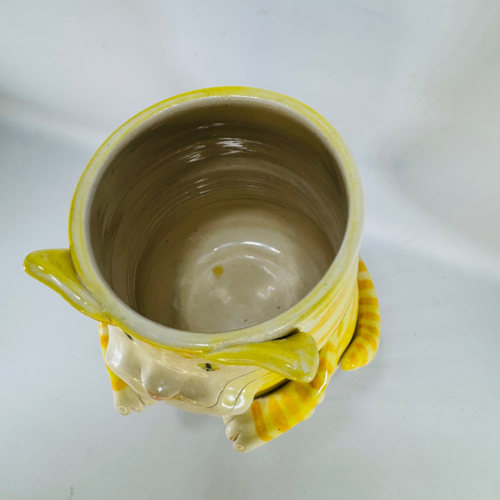 Vintage Hibisus Pottery Yellow Ceramic Cat Planter | Striped Cat Desk Organizer or Kitchen Utensil Crock