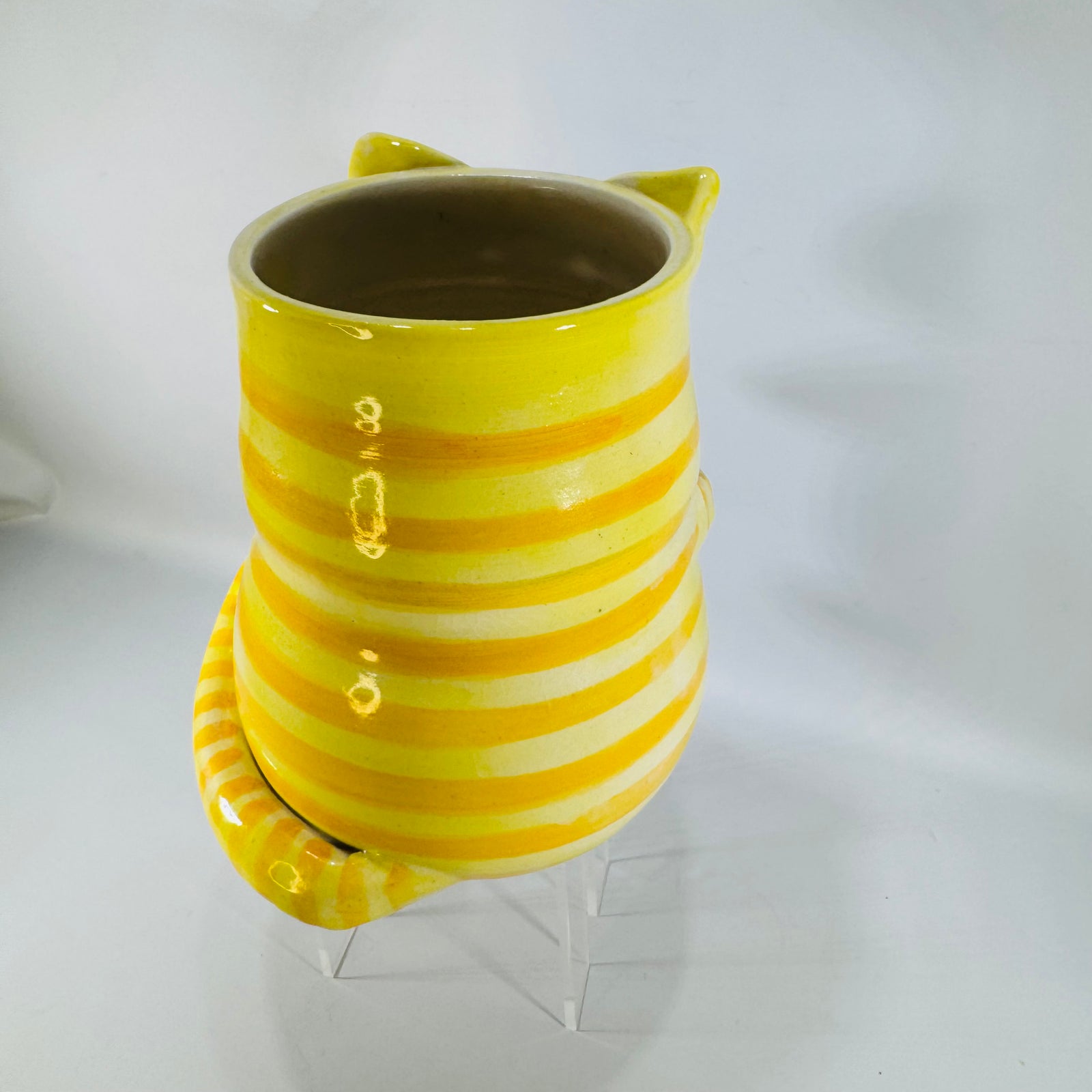 Vintage Hibisus Pottery Yellow Ceramic Cat Planter | Striped Cat Desk Organizer or Kitchen Utensil Crock