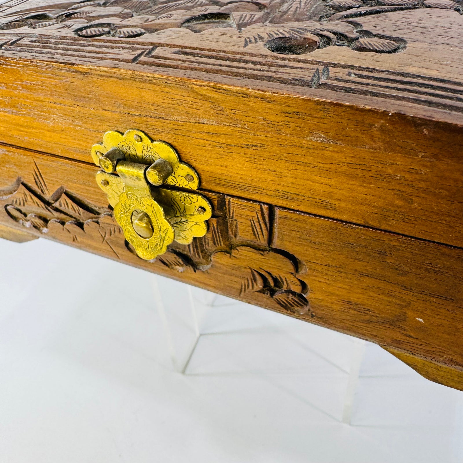 Vintage Carved Wood Jewelry Box with Mirror | Red Interior Keepsake Box