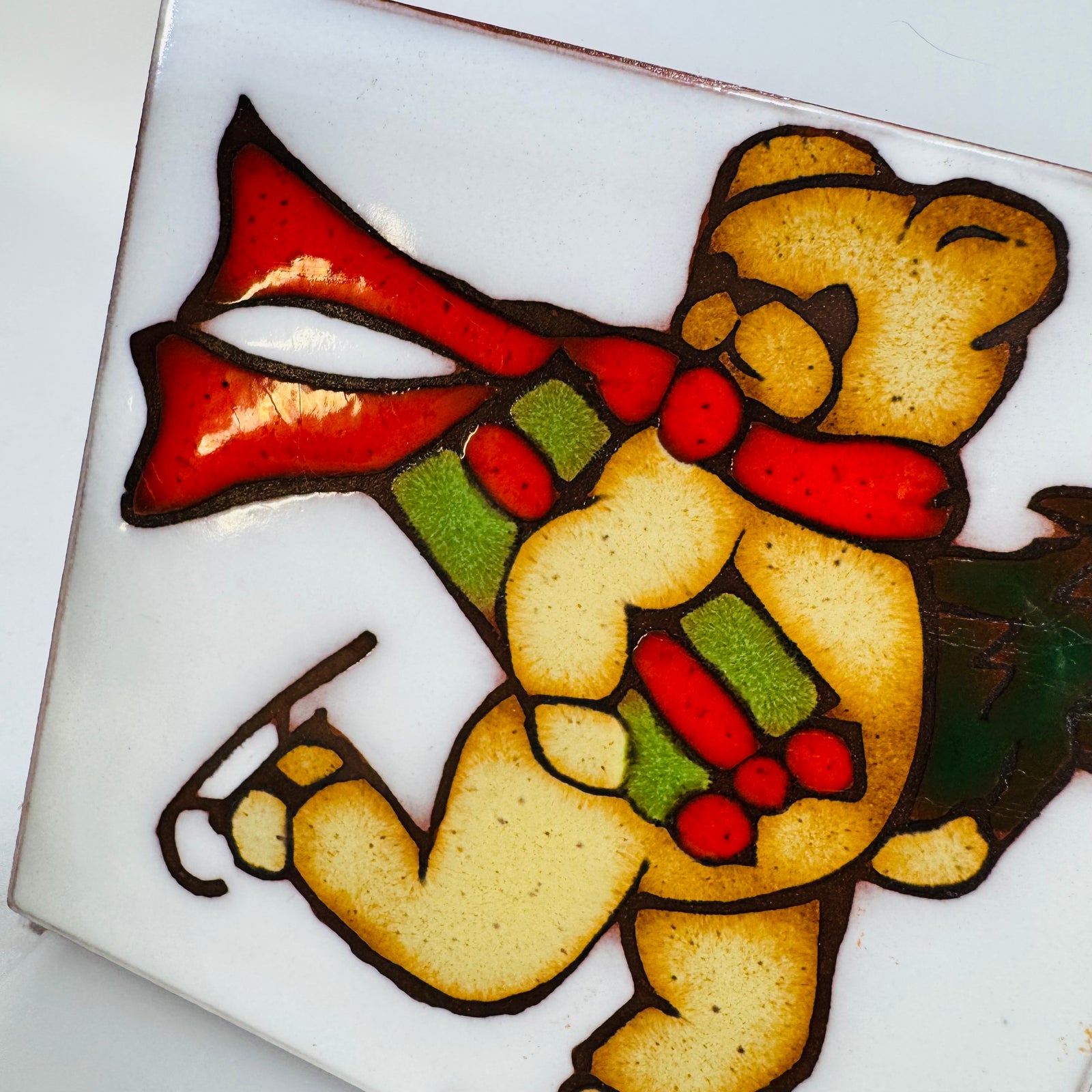Vintage Mag Mor Skating Bear Ceramic Art Tile | Christmas Wall Decor