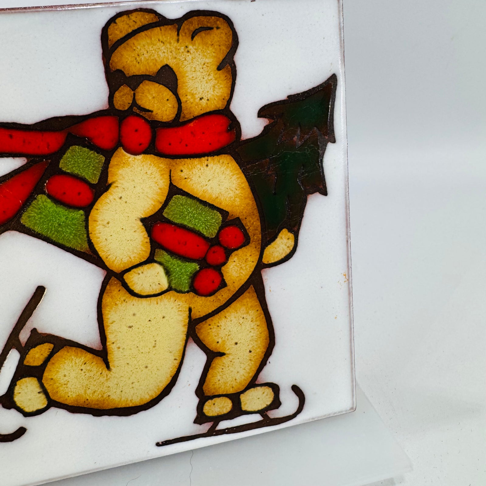 Vintage Mag Mor Skating Bear Ceramic Art Tile | Christmas Wall Decor