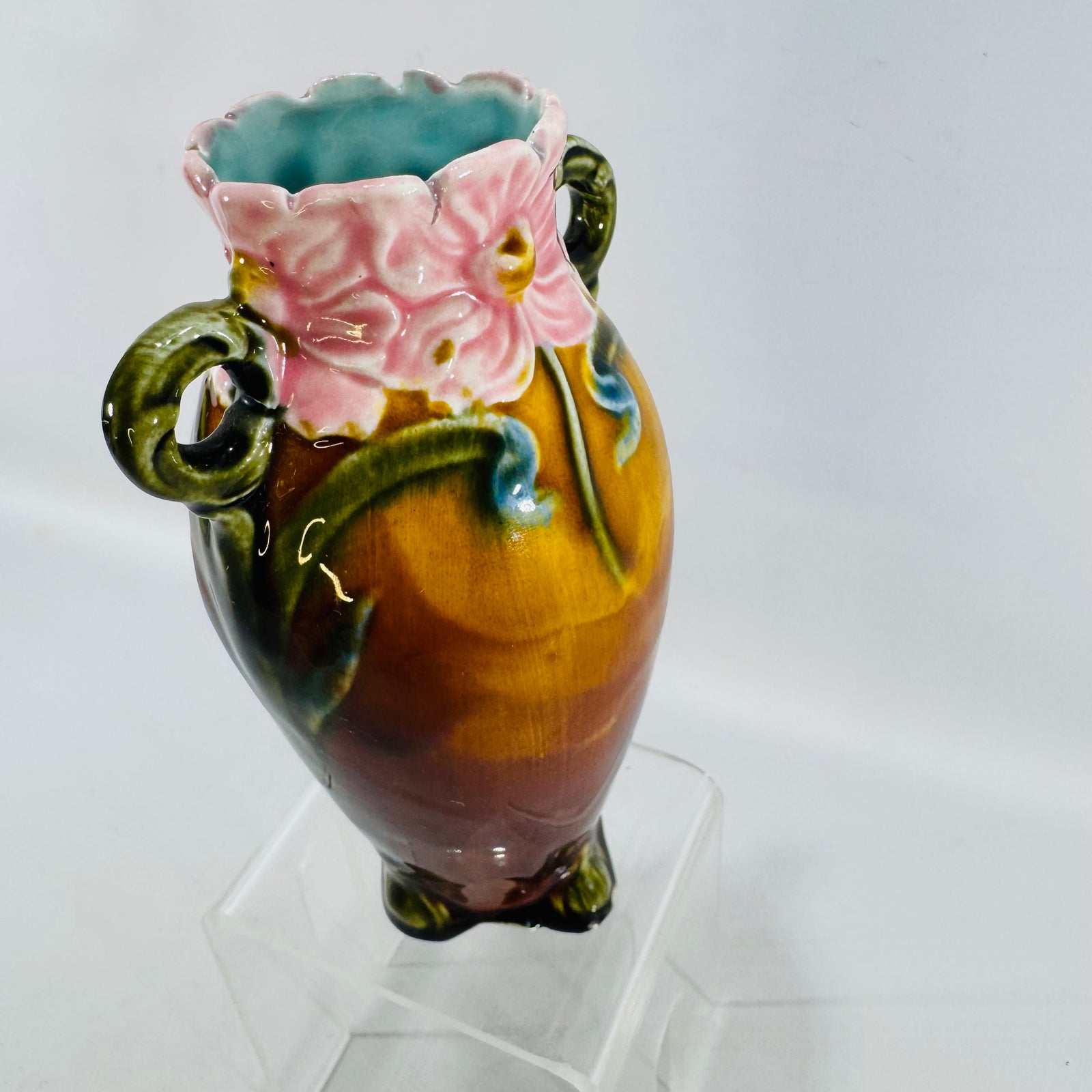 Art Nouveau French Majolica Floral Vase | Barbotine Style Ceramic