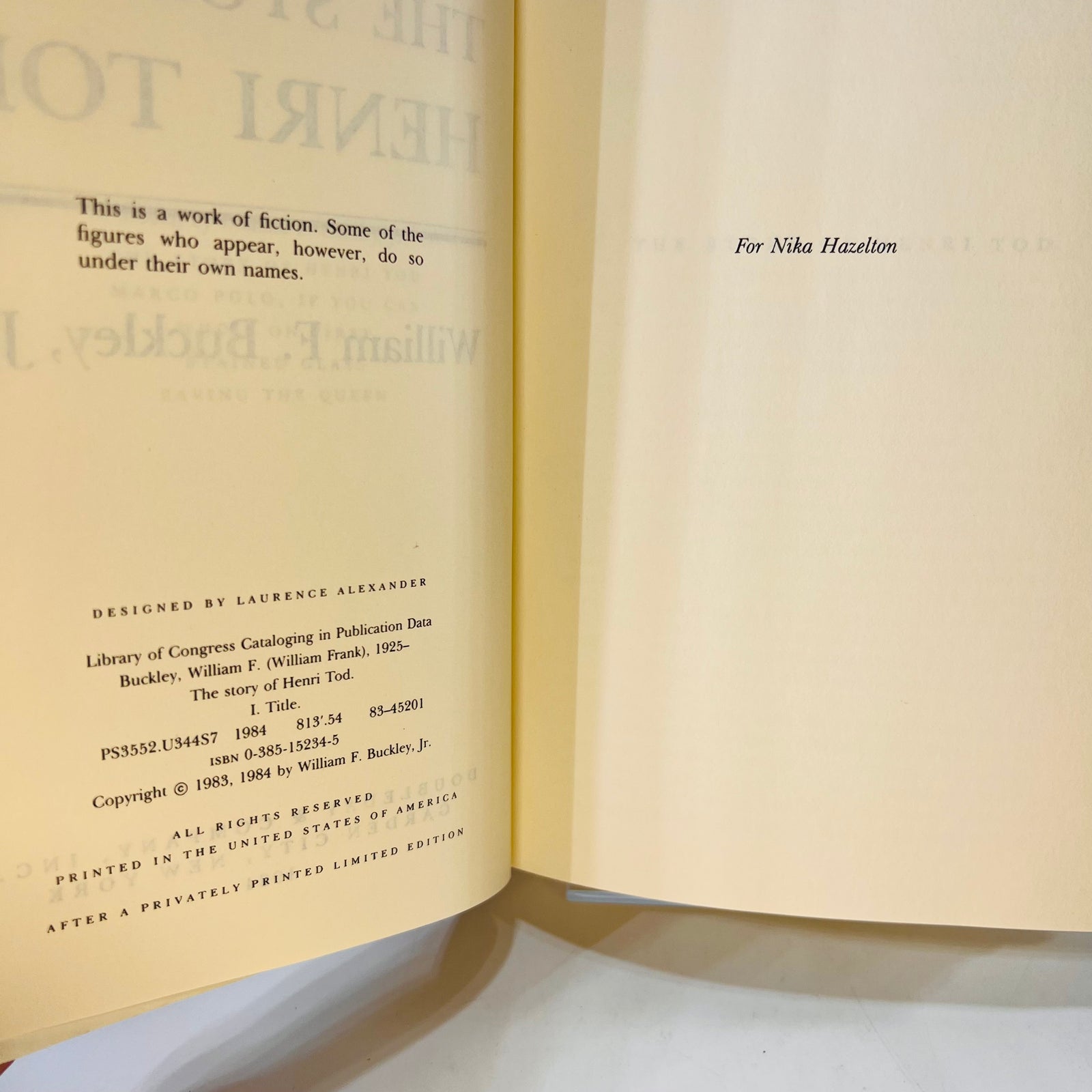 The Story of Henri Tod by William F. Buckley Jr. 1984 Double Day & Company Vintage Fiction Book