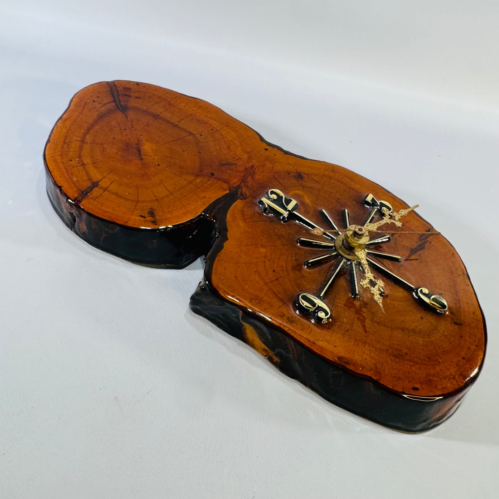 Vintage Live Edge Wood Slab Wall Clock | Rustic Lacquered Wood Clock