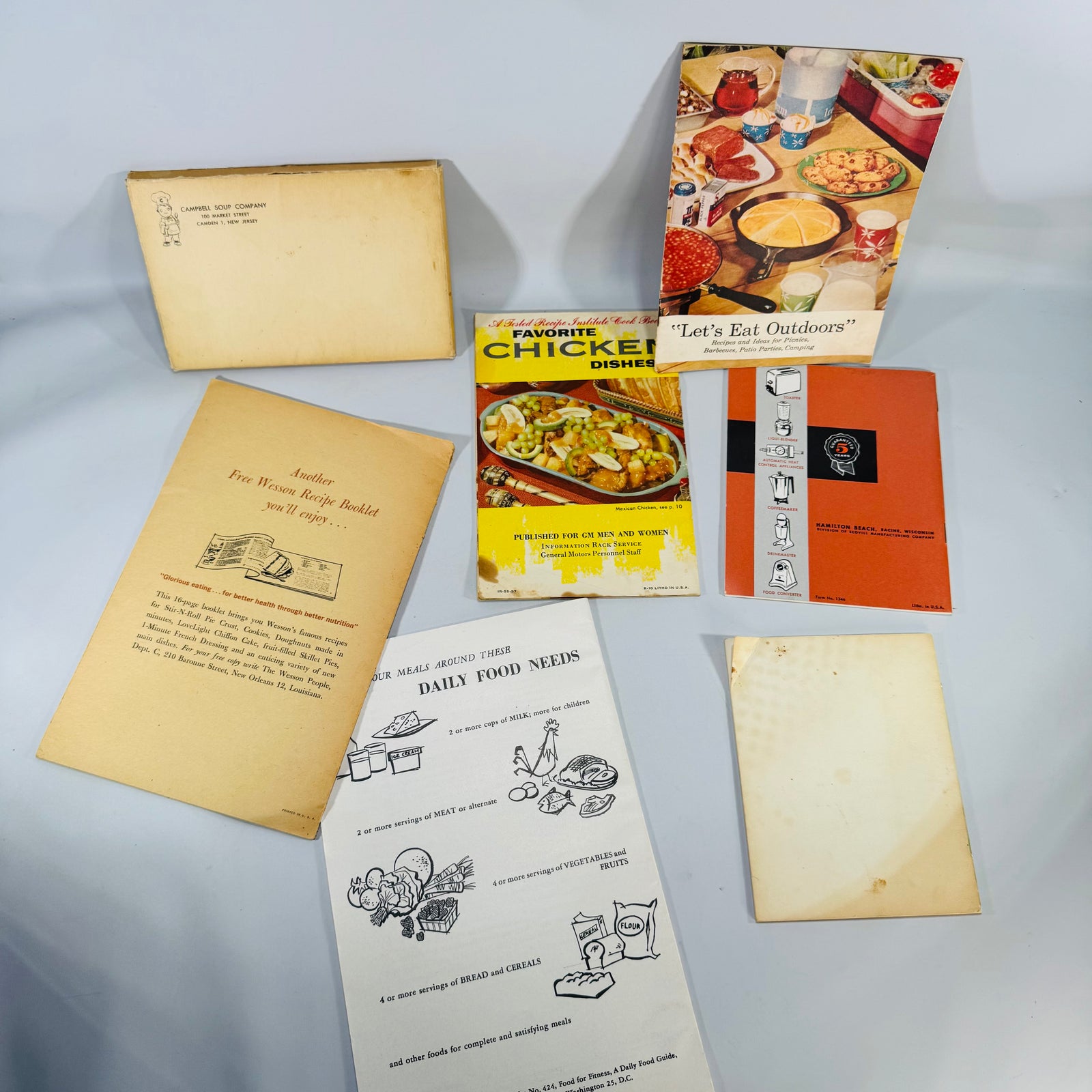 Vintage Culinary Ephemera — 7-Piece Mid-Century Recipe Pamphlet Bundle (c.1950s–1970s) — Campbell’s, Wesson “101 Ways to Cook Chicken,” Hamilton Beach | Illustrated, Culinary History