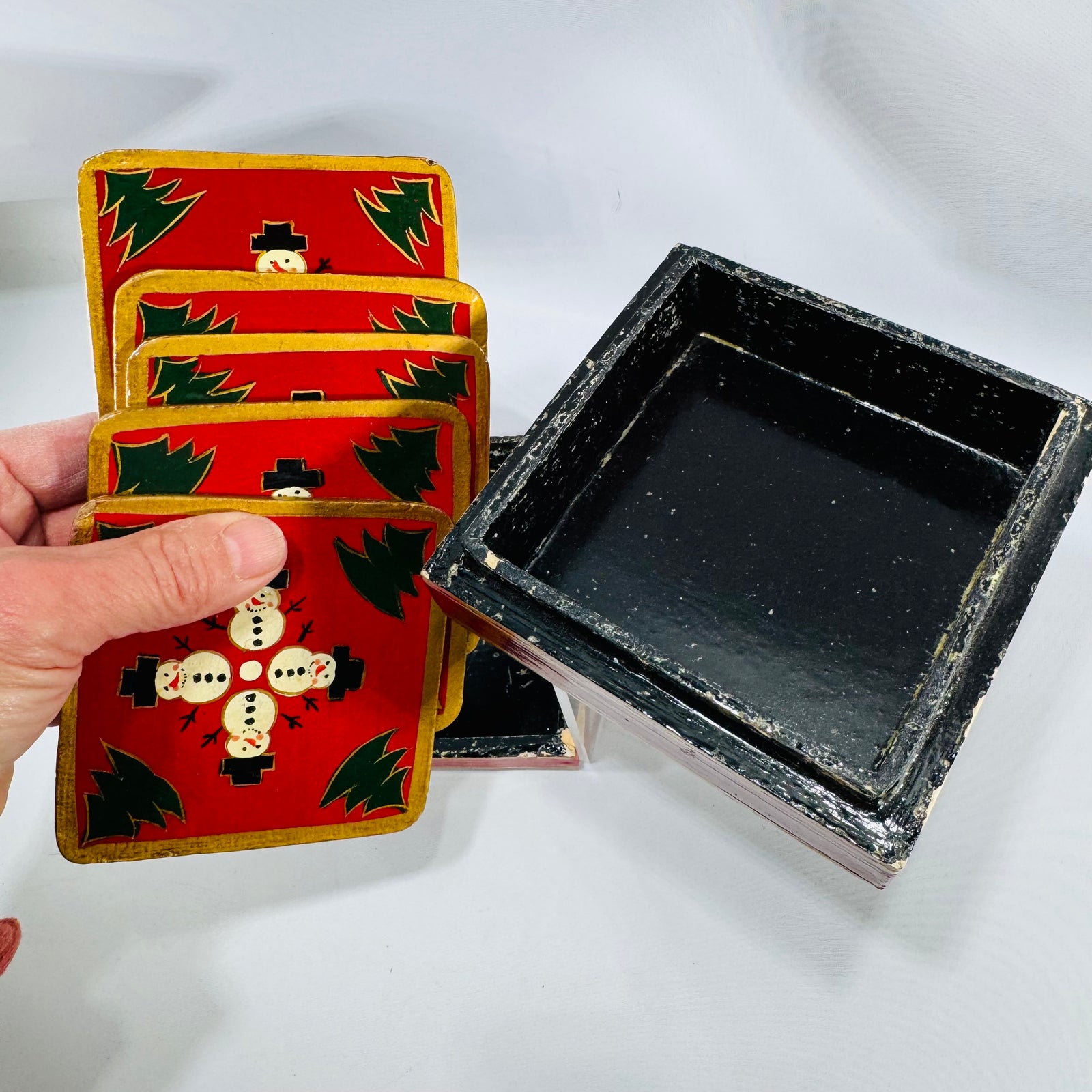 Vintage Oreside Wooden Snowman Coaster Set in Painted Christmas Box