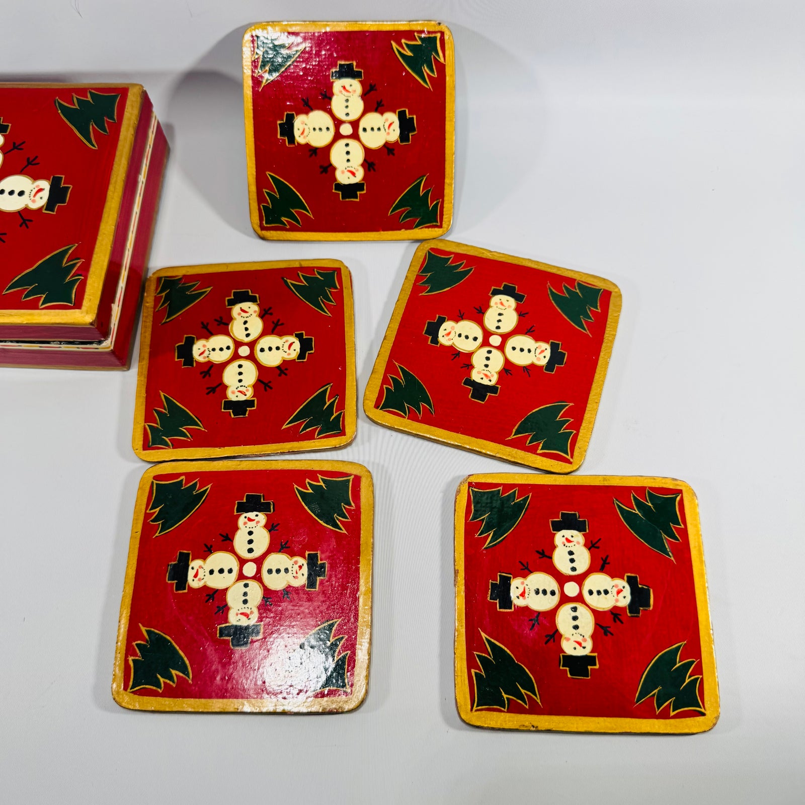 Vintage Oreside Wooden Snowman Coaster Set in Painted Christmas Box