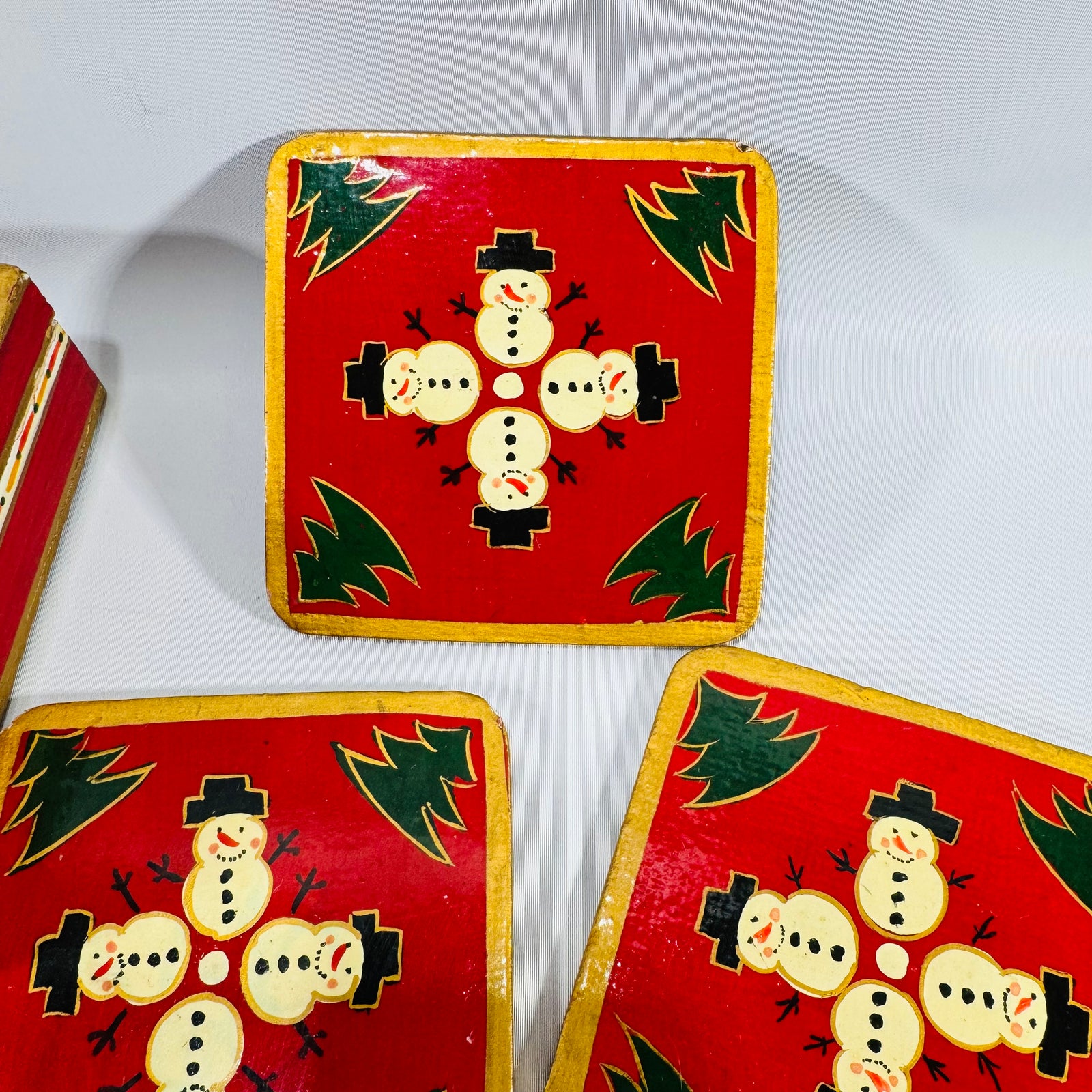 Vintage Oreside Wooden Snowman Coaster Set in Painted Christmas Box